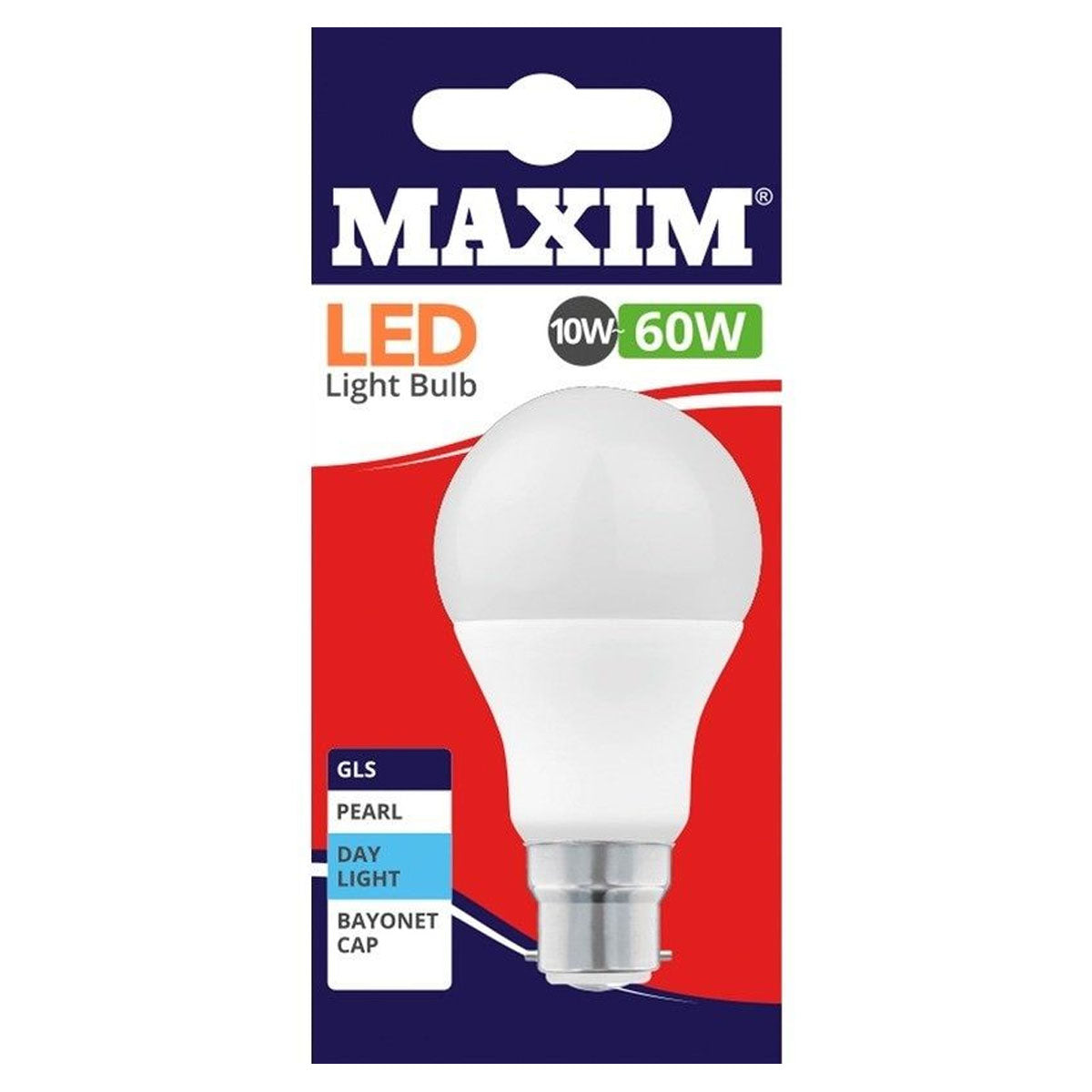 Maxim - LED GLS 10W Lightbulb - Daylight in white packaging. Maxim - LED GLS 10W Lightbulb - Daylight in white packaging.