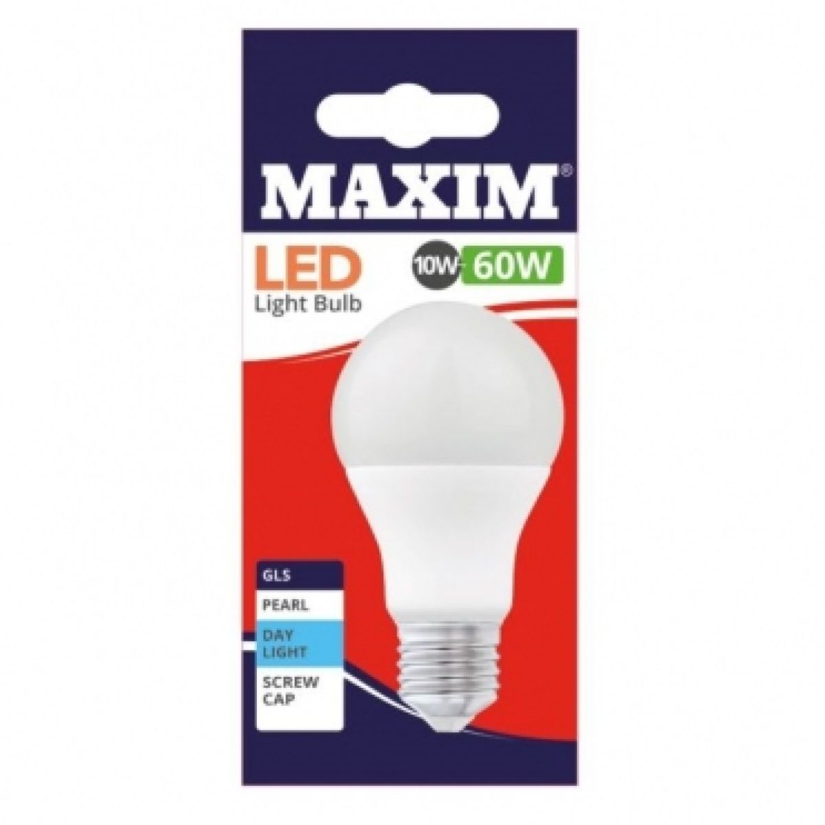 Packaging of a Maxim - LED Low Energy Screw Light Bulb 10W=60W - Daylight with a screw cap, equivalent to a 60w traditional bulb, advertised with a "day light" color tone. Packaging of a Maxim - LED Low Energy Screw Light Bulb 10W=60W - Daylight with a screw cap, equivalent to a 60w traditional bulb, advertised with a "day light" color tone.