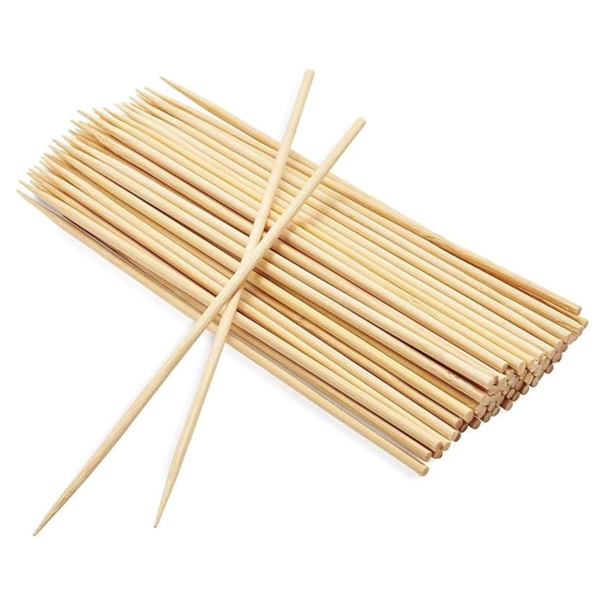 A stack of Maxxi BBQ World - Wooden Skewer Shish (100pcs) lies together, topped with two skewers placed diagonally—ideal for grilling your favorite recipes. A stack of Maxxi BBQ World - Wooden Skewer Shish (100pcs) lies together, topped with two skewers placed diagonally—ideal for grilling your favorite recipes.