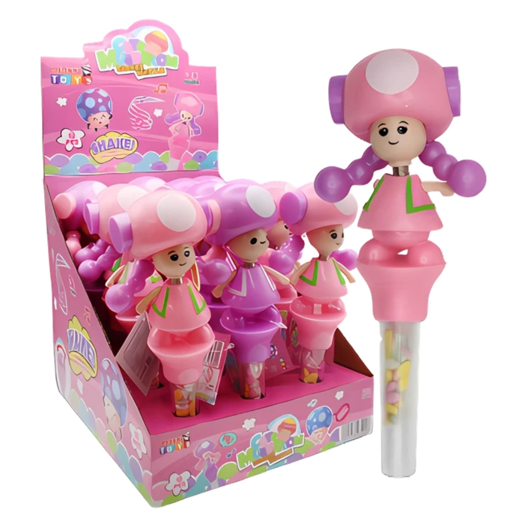 Maxxi Toys - Cute Mushroom Shakes Whistle With Candy (5g): Display box of colorful candy dispensers shaped like smiling dolls with pink and purple outfits, featuring mushroom whistle candies—perfect for party favors or kids’ treats. Maxxi Toys - Cute Mushroom Shakes Whistle With Candy (5g): Display box of colorful candy dispensers shaped like smiling dolls with pink and purple outfits, featuring mushroom whistle candies—perfect for party favors or kids’ treats.