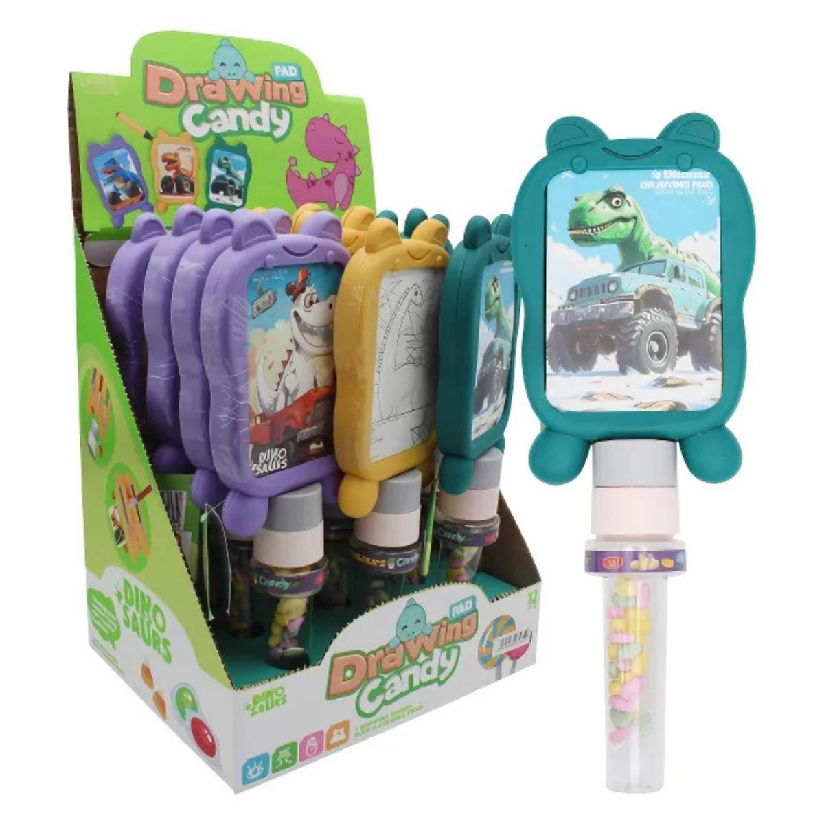 Discover the vibrant Maxxi Toys Dino Drawing Pad And Candy, featuring dinosaur-themed transparent sticks filled with colorful candy in various shades. Discover the vibrant Maxxi Toys Dino Drawing Pad And Candy, featuring dinosaur-themed transparent sticks filled with colorful candy in various shades.