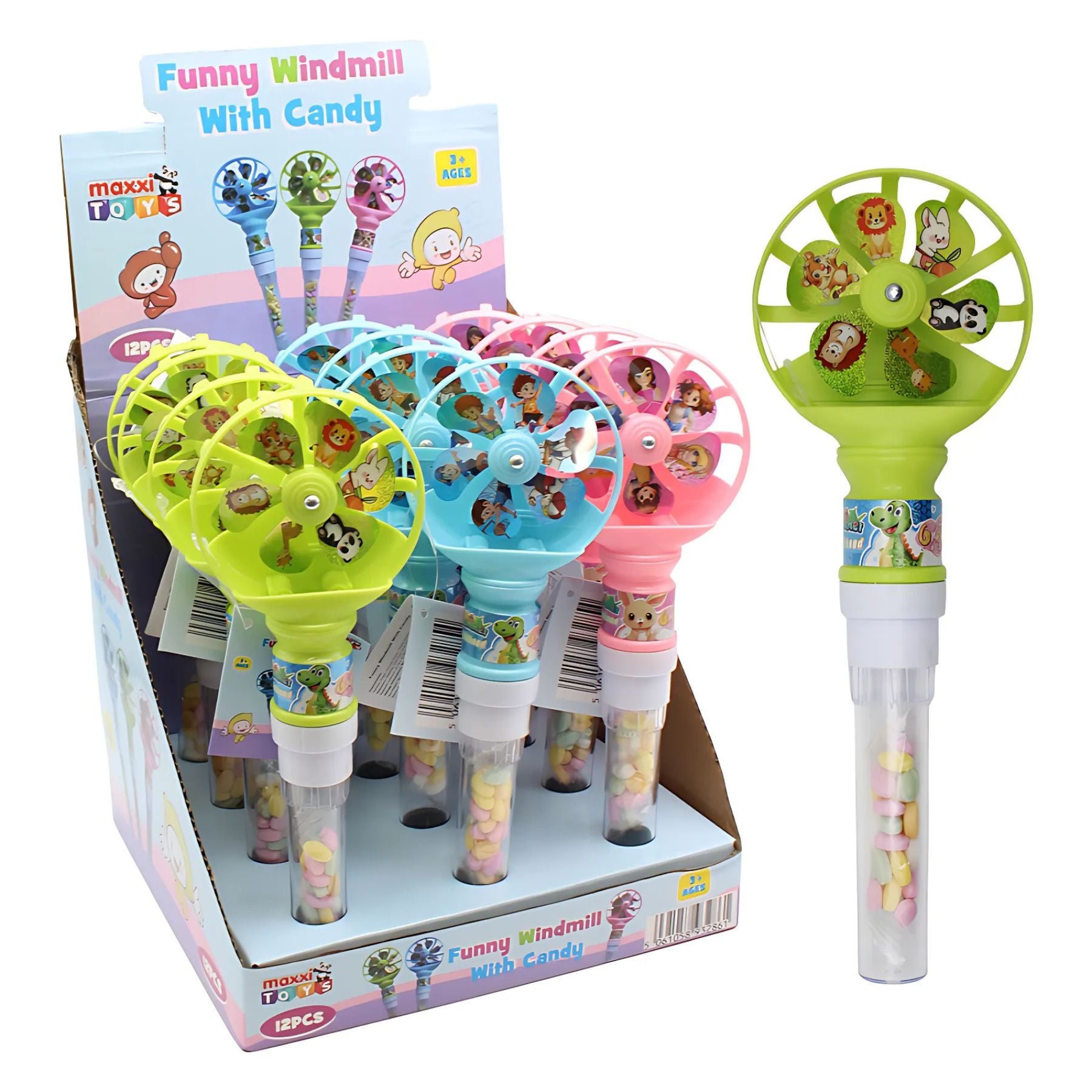 Display box of Maxxi Toys - Funny Windmill With Candy - 5g, each with a colorful animal windmill toy and a tube of pastel candy—great as party favors for kids' celebrations. Display box of Maxxi Toys - Funny Windmill With Candy - 5g, each with a colorful animal windmill toy and a tube of pastel candy—great as party favors for kids' celebrations.