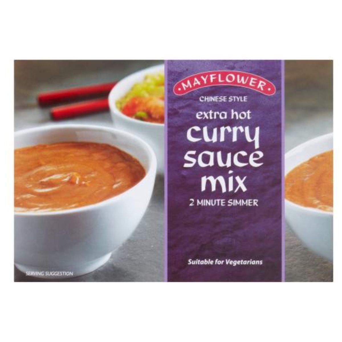 A packet of Mayflower - Chinese Style Extra Hot Curry Sauce Mix - 255g with serving suggestion images of the prepared sauce in bowls.