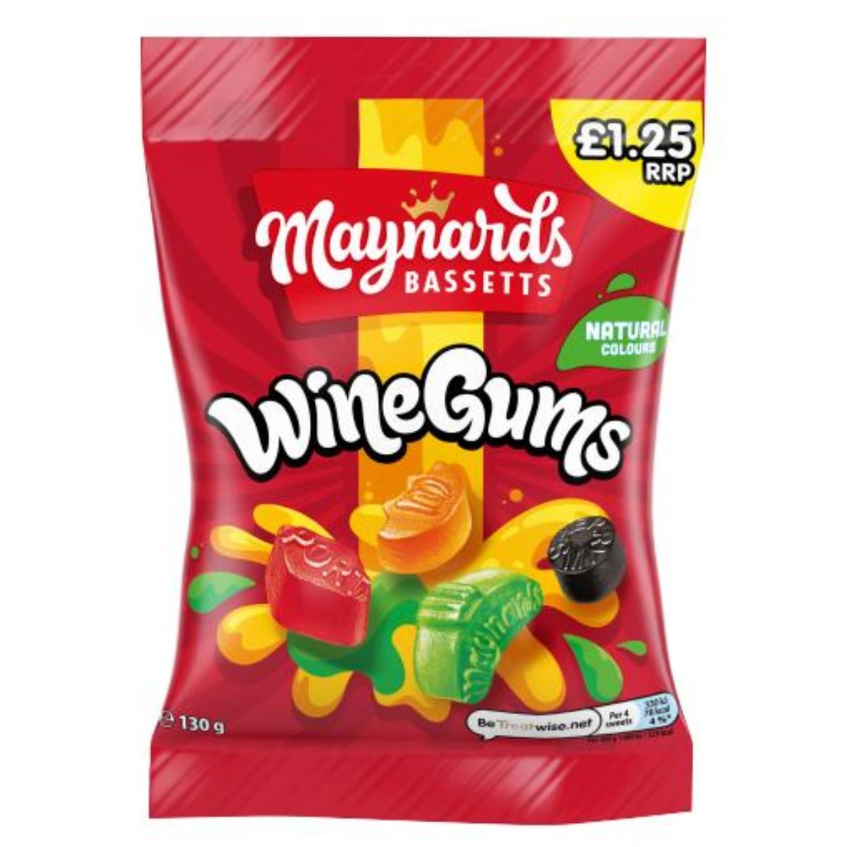 A bag of Maynards - Bassetts Wine Gums - 130g on a white background. A bag of Maynards - Bassetts Wine Gums - 130g on a white background.