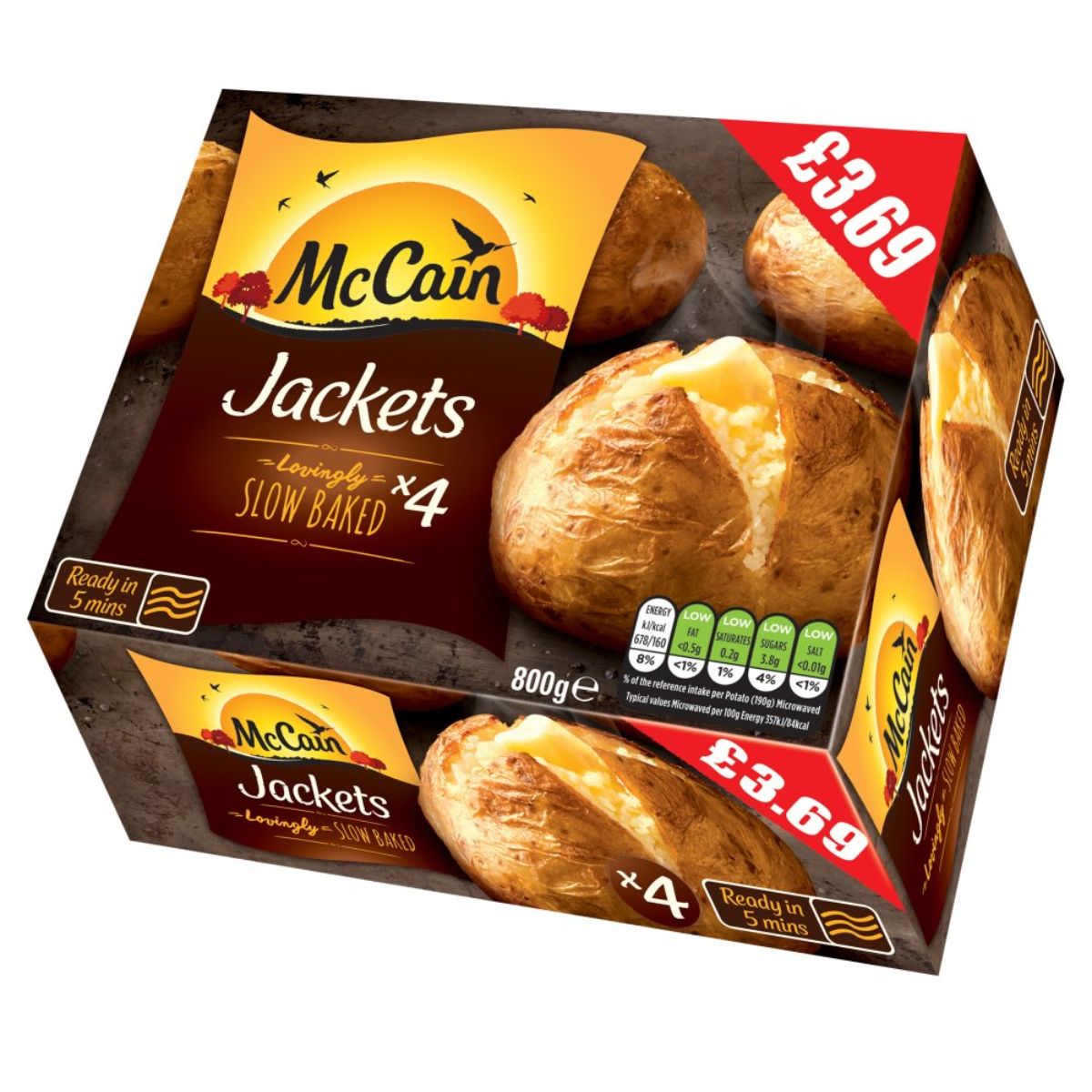 A box of McCain - 4 Lovingly Slow Baked Jackets - 800g in a white box. A box of McCain - 4 Lovingly Slow Baked Jackets - 800g in a white box.