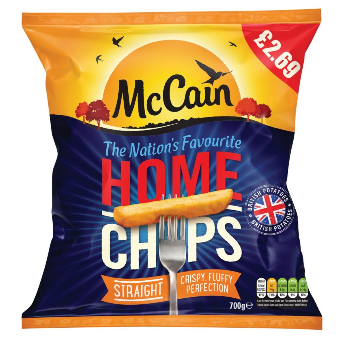 McCain - Home Chips Straight - 700g in a bag with a british flag on it.