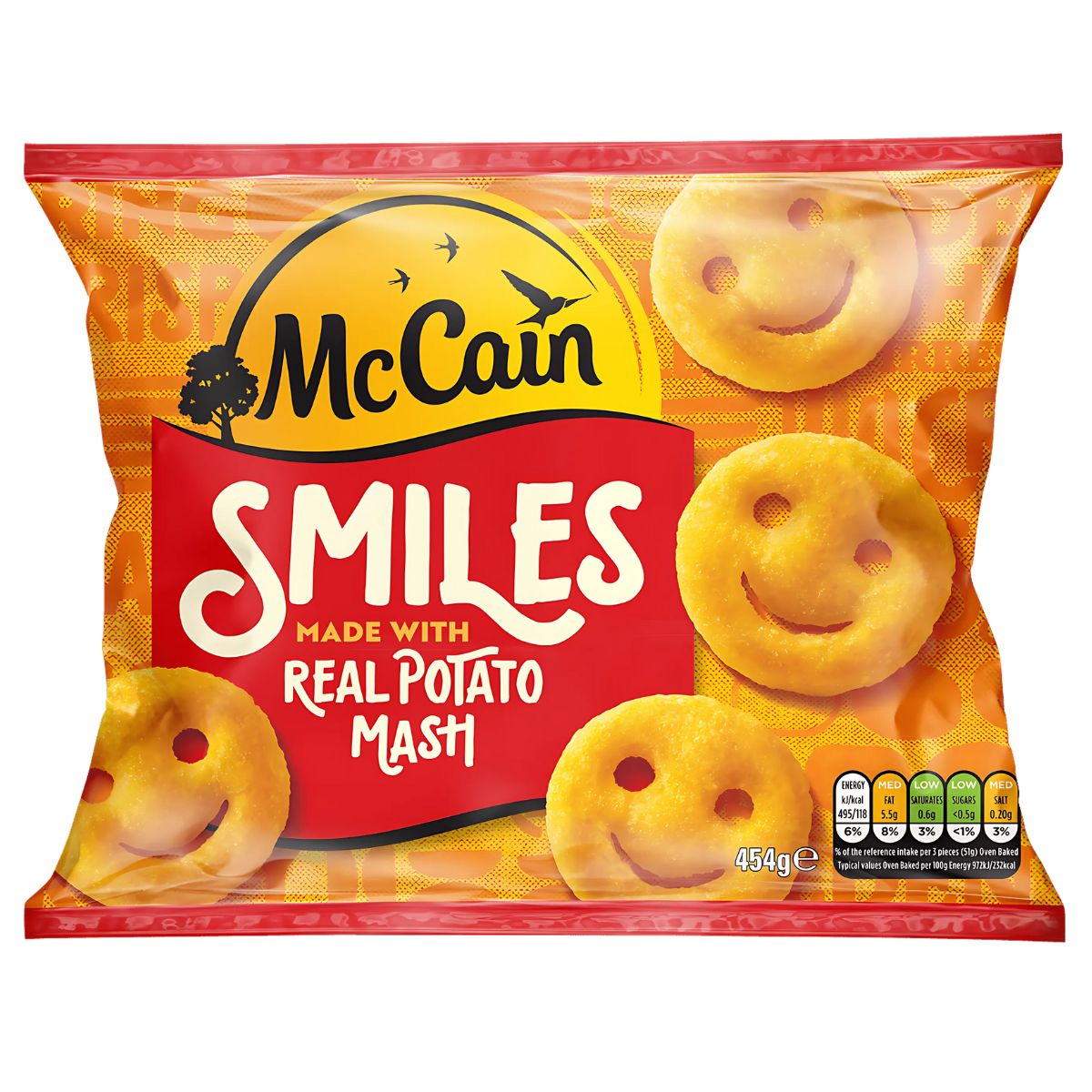 McCain - Smiles - 454g: Vegan potato snacks made from real potato mash, featuring round smiling pieces on the packaging. McCain - Smiles - 454g: Vegan potato snacks made from real potato mash, featuring round smiling pieces on the packaging.
