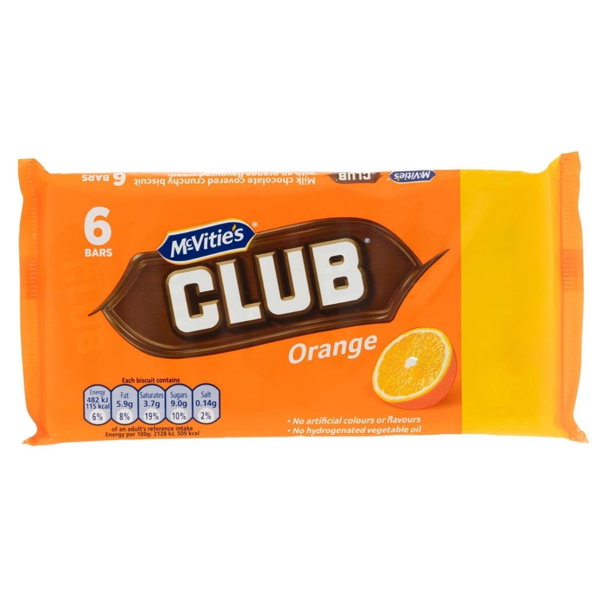Pack of McVitie's Club Orange Chocolate Bars (6x22g) features zesty orange flavor encased in smooth milk chocolate. The packaging highlights nutritional info and a tempting sliced orange image. Pack of McVitie's Club Orange Chocolate Bars (6x22g) features zesty orange flavor encased in smooth milk chocolate. The packaging highlights nutritional info and a tempting sliced orange image.