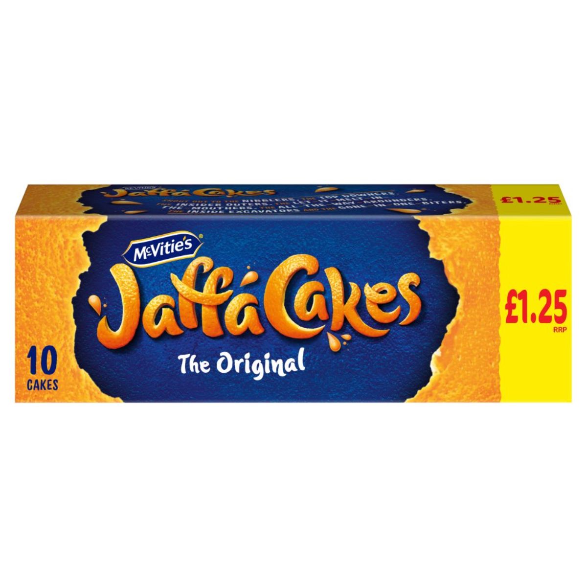 A box of McVities - Jaffa Cakes Original Biscuits - 10 Pack on a white background. A box of McVities - Jaffa Cakes Original Biscuits - 10 Pack on a white background.