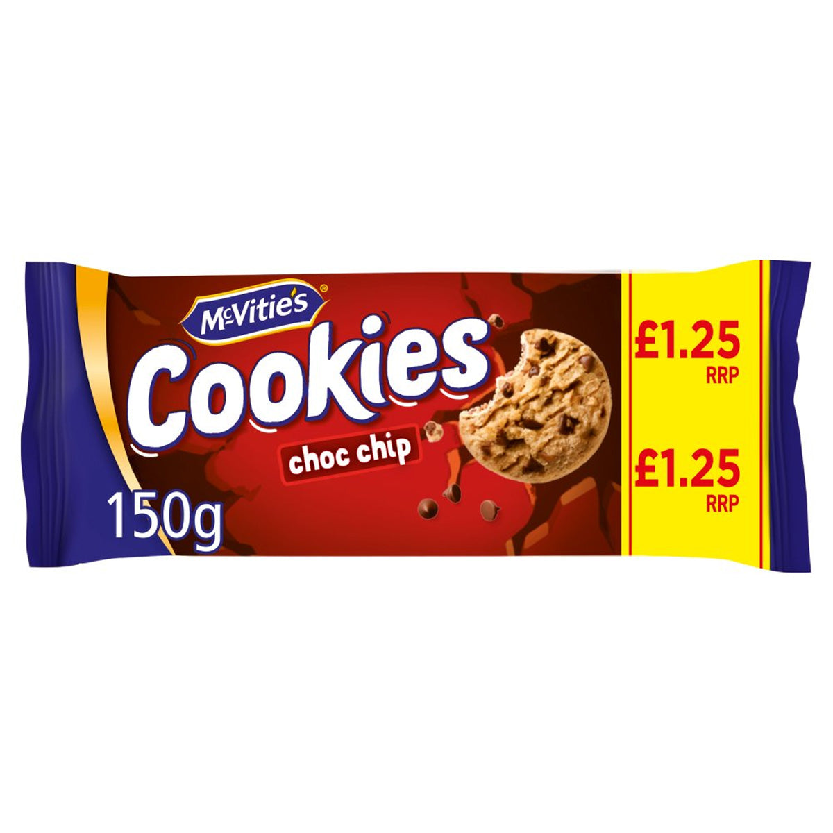 A McVities - Cookies Choc Chip - 150g bar of chocolate chip cookies on a white background.