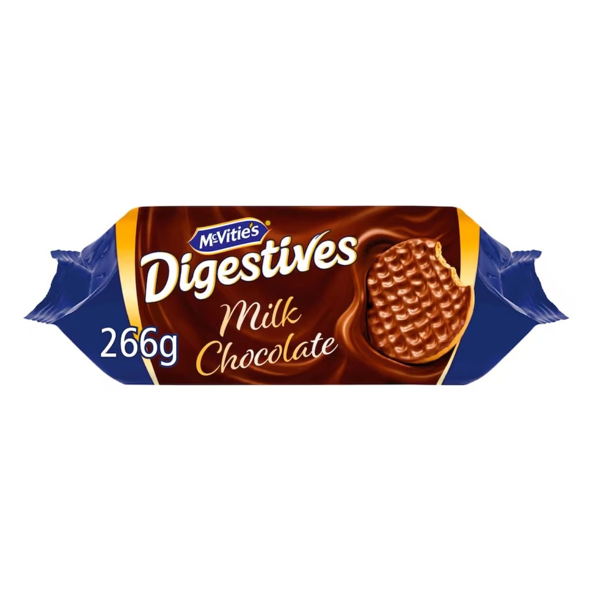 McVities - Digestives Milk Chocolate - 266g are packaged in a blue and brown wrapper featuring a tempting image of a chocolate-covered biscuit. McVities - Digestives Milk Chocolate - 266g are packaged in a blue and brown wrapper featuring a tempting image of a chocolate-covered biscuit.