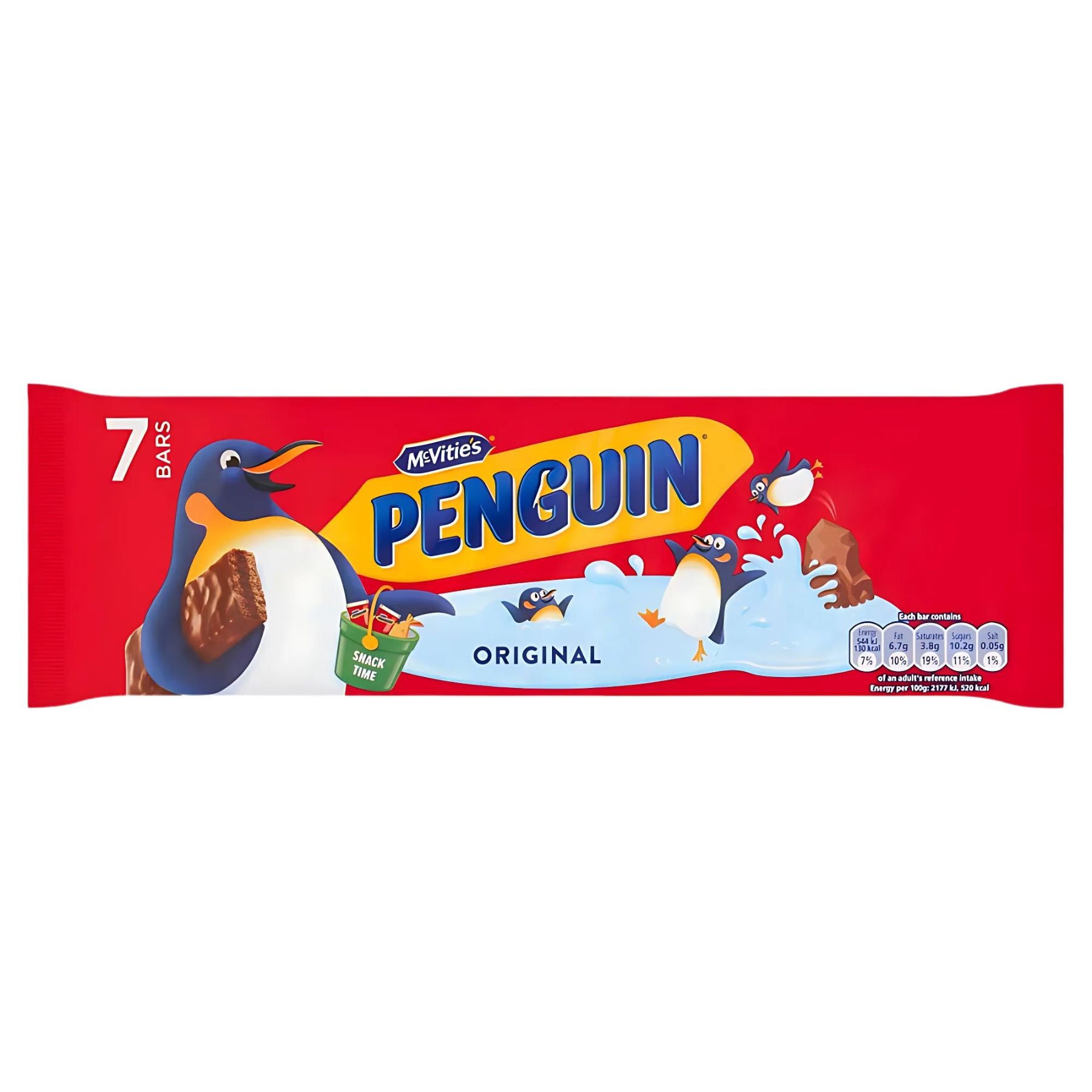 McVities Penguin Original, pack of 7 x 24.6g cream-filled biscuit bars with milk chocolate coating, features fun cartoon penguins on a red background with milk splashes. McVities Penguin Original, pack of 7 x 24.6g cream-filled biscuit bars with milk chocolate coating, features fun cartoon penguins on a red background with milk splashes.