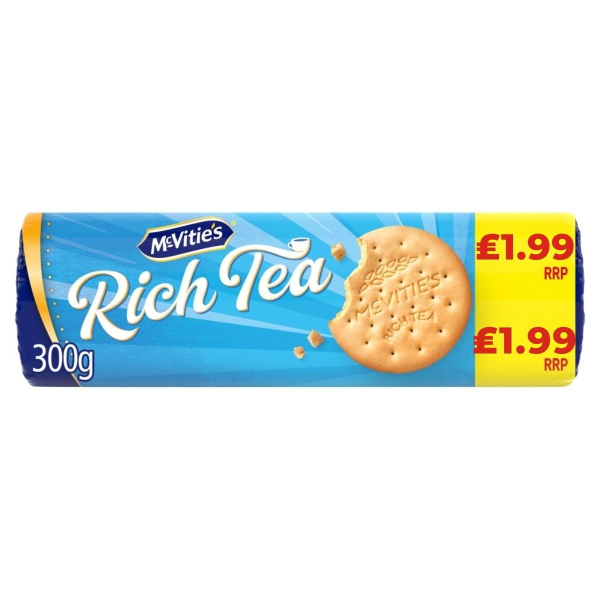 Packaging of McVities - Rich Tea Classic Biscuits, 300g, depicts a biscuit with a bite missing and is priced at £1.99. Packaging of McVities - Rich Tea Classic Biscuits, 300g, depicts a biscuit with a bite missing and is priced at £1.99.
