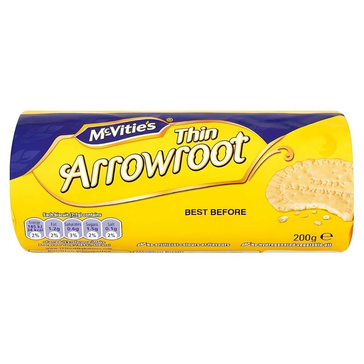 The McVities Thin Arrowroot Biscuits 200g features yellow and blue packaging with nutritional info and a tempting biscuit image, emphasizing the arrowroot flour ingredient. The McVities Thin Arrowroot Biscuits 200g features yellow and blue packaging with nutritional info and a tempting biscuit image, emphasizing the arrowroot flour ingredient.