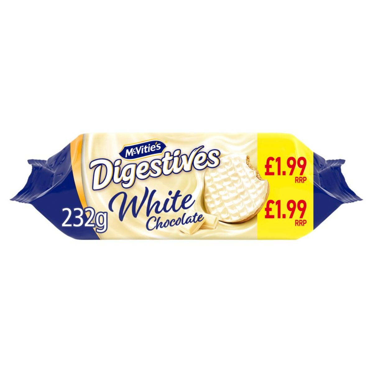A pack of McVities - White Chocolate Digestive Biscuits on a white background.