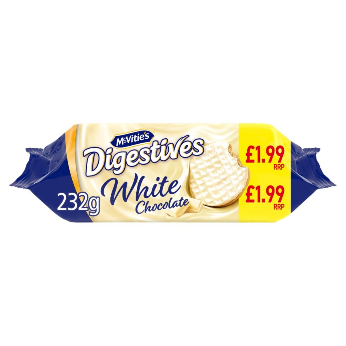 A pack of McVities - White Chocolate Digestive Biscuits on a white background. A pack of McVities - White Chocolate Digestive Biscuits on a white background.