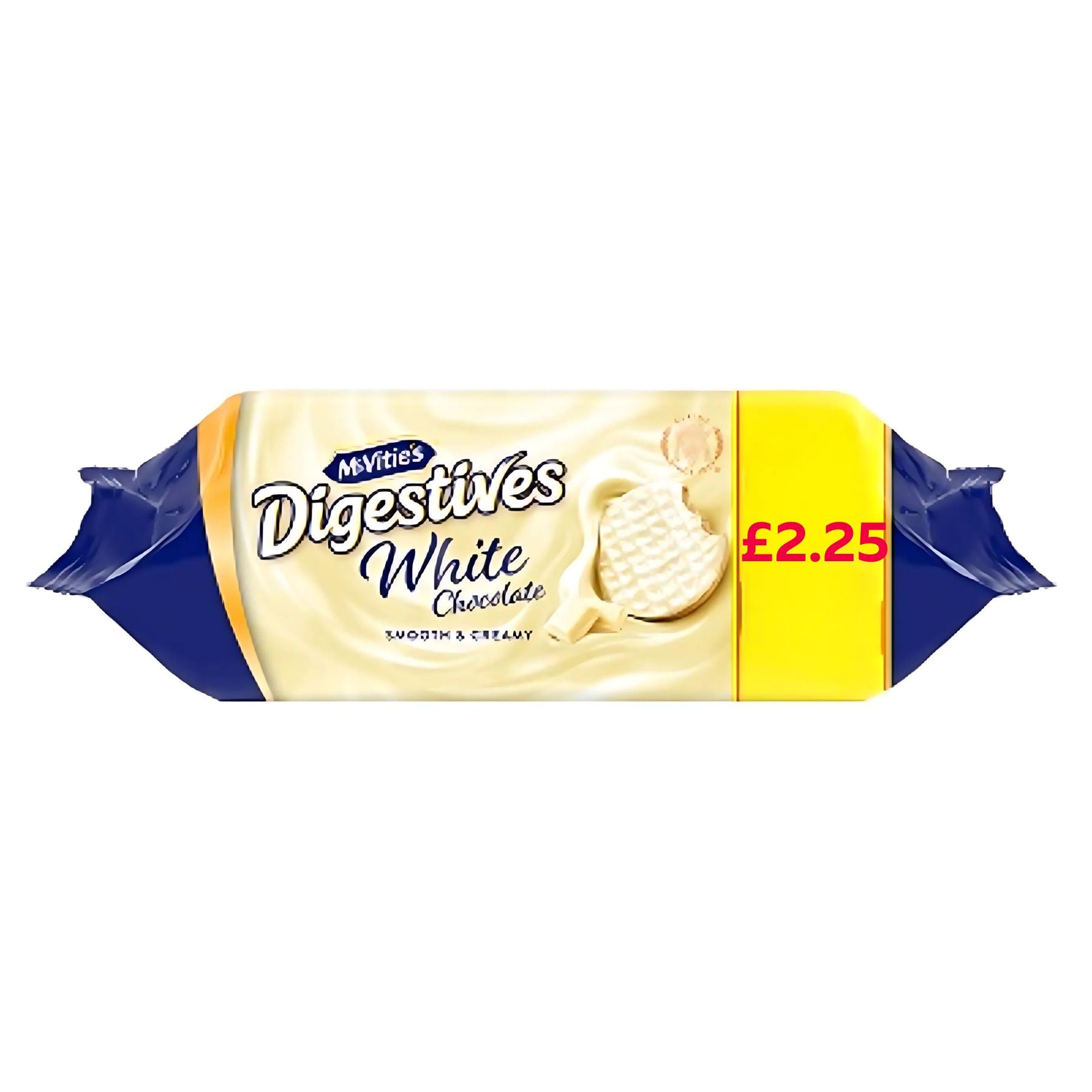 A 232g pack of McVitie's White Chocolate Digestive Biscuits with a £2.25 price label on the right side. A 232g pack of McVitie's White Chocolate Digestive Biscuits with a £2.25 price label on the right side.