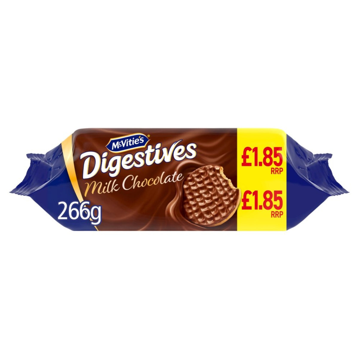A bar of Mcvities - Digestive Milk Chocolate - 266g on a white background.