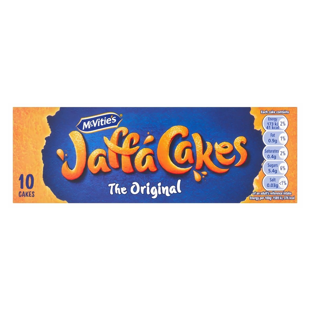 A 100g box of McVities Jaffa Cakes—the original chocolate sponge cake with tangy orange—contains 10 cakes, with nutritional information provided on the side. A 100g box of McVities Jaffa Cakes—the original chocolate sponge cake with tangy orange—contains 10 cakes, with nutritional information provided on the side.