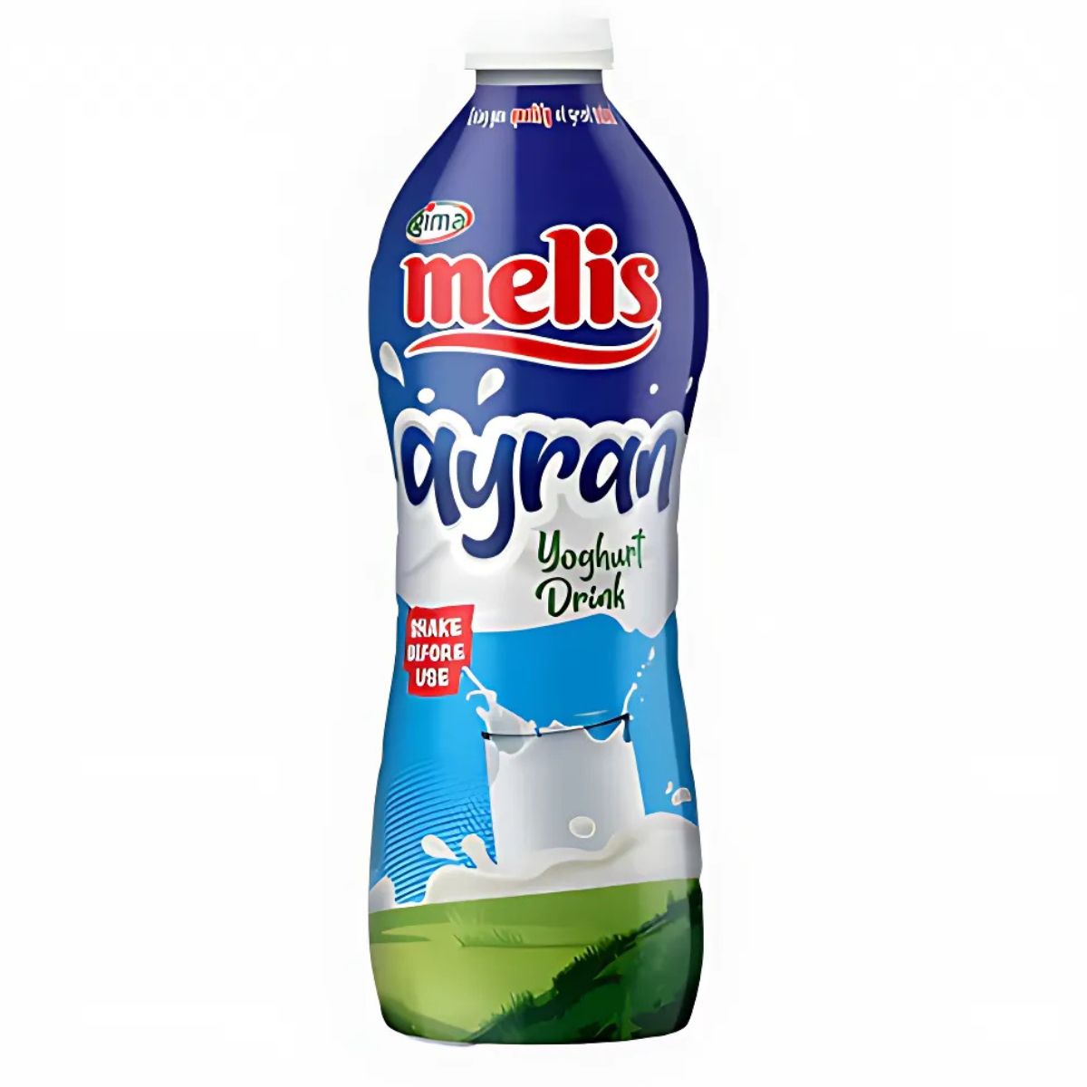 A 770ml bottle of Melis - Ayran Yogurt Drink, a classic Turkish beverage with natural probiotics, comes with a blue and white label featuring a milk splash image and the text "Shake before use. A 770ml bottle of Melis - Ayran Yogurt Drink, a classic Turkish beverage with natural probiotics, comes with a blue and white label featuring a milk splash image and the text "Shake before use.