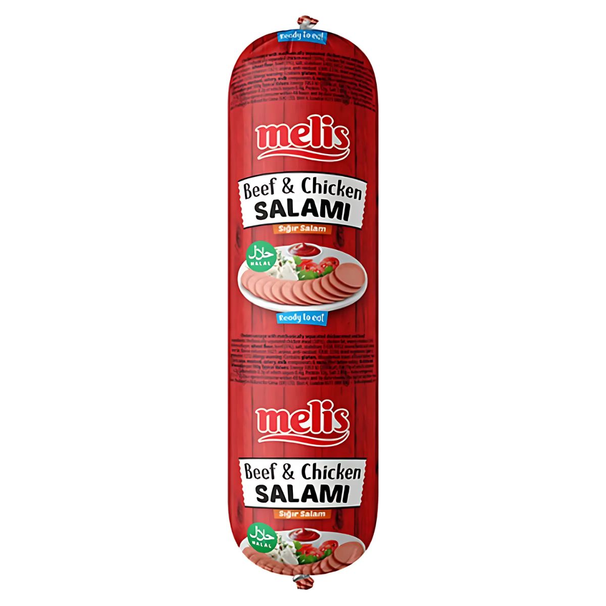 A red pack of Melis - Beef & Chicken Salami (Halal) 500g shows sliced salami images and clear Halal and ready-to-eat labels. A red pack of Melis - Beef & Chicken Salami (Halal) 500g shows sliced salami images and clear Halal and ready-to-eat labels.