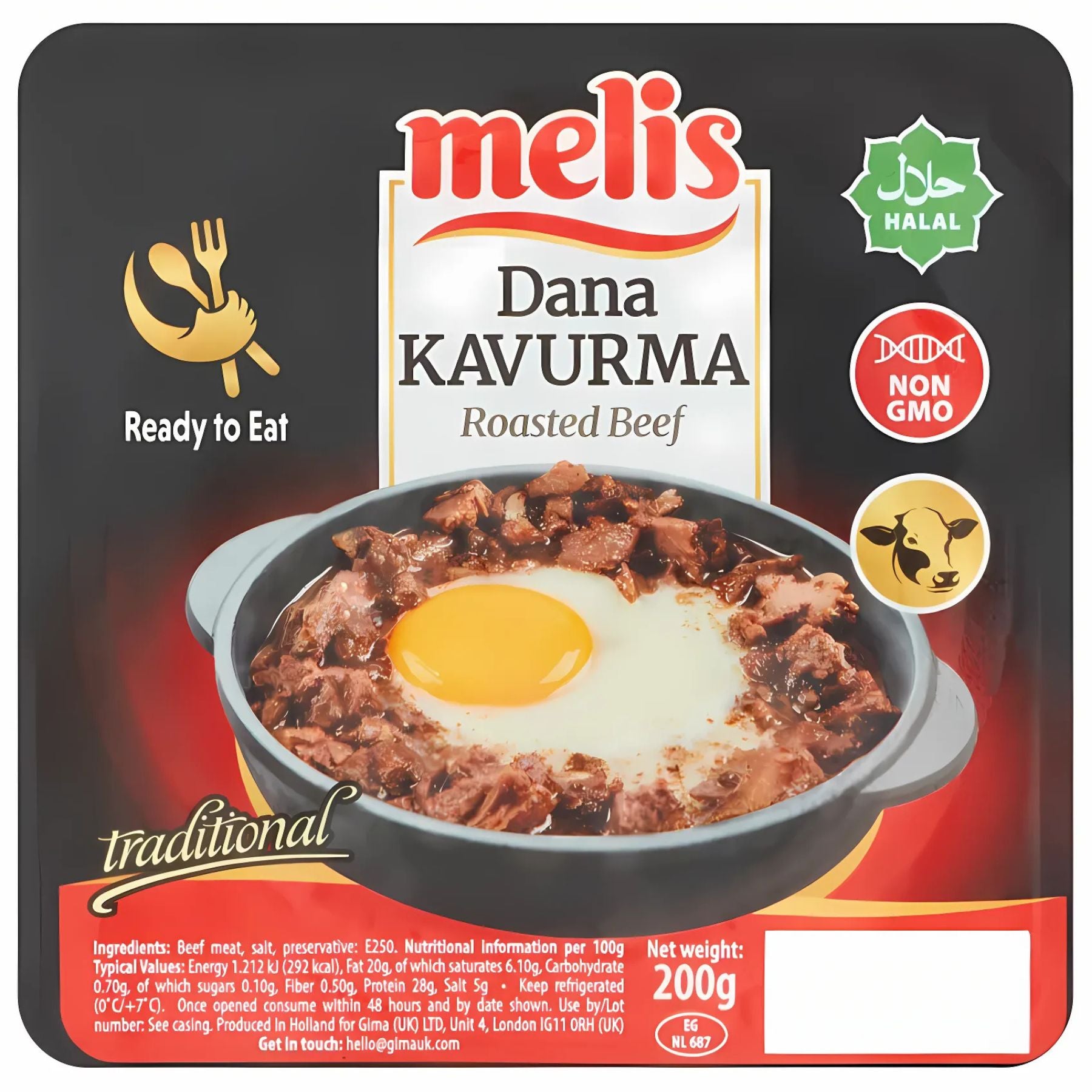 A 200g pack of Melis Braised Beef Kavurma (Halal), ready to eat and non-GMO, shown topped with a fried egg. Halal-certified—a classic Turkish cuisine favorite. A 200g pack of Melis Braised Beef Kavurma (Halal), ready to eat and non-GMO, shown topped with a fried egg. Halal-certified—a classic Turkish cuisine favorite.
