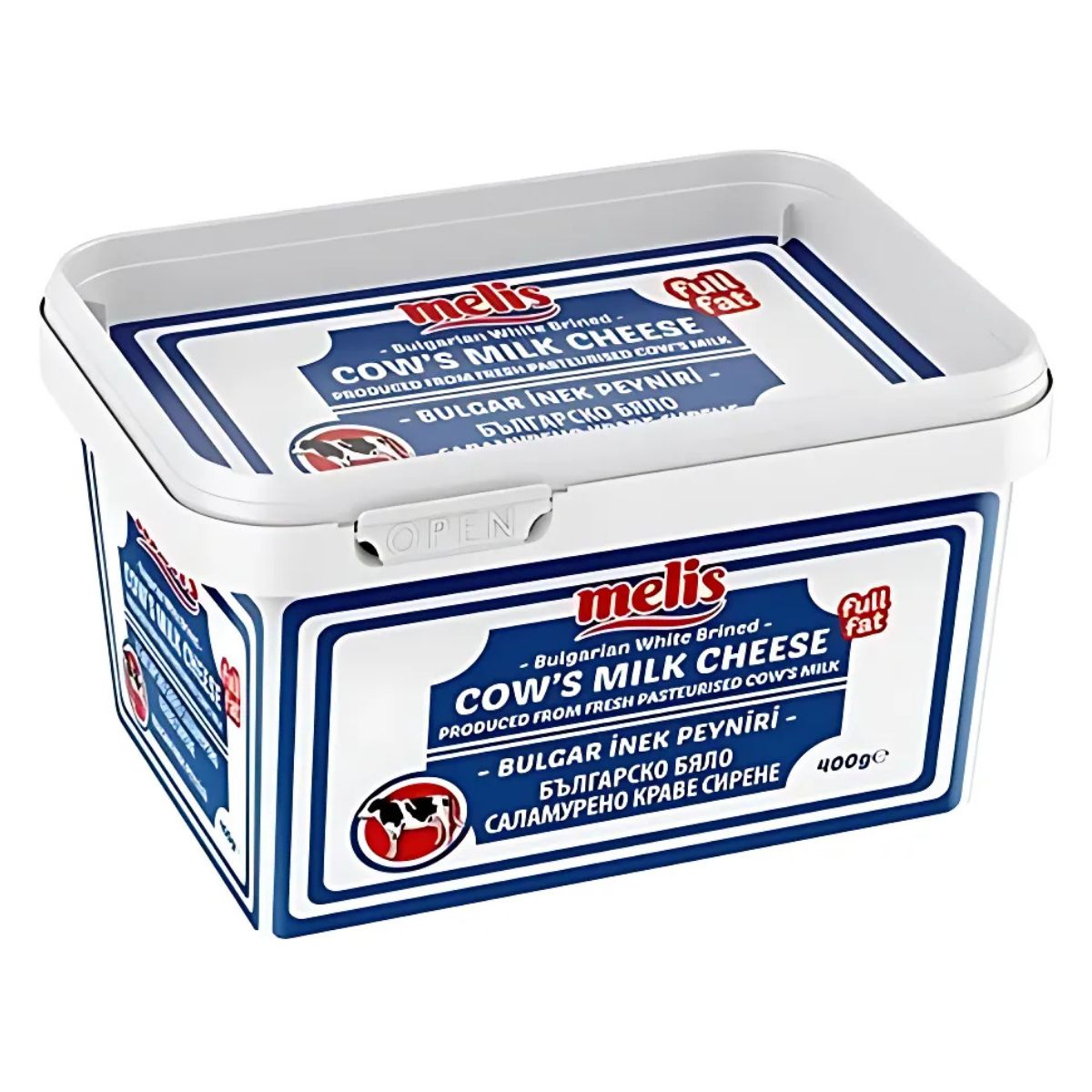 The 400g Melis Bulgarian Cow Cheese comes in a rectangular plastic tub with a blue, white, and red design and is labeled "Full Fat" for authenticity. The 400g Melis Bulgarian Cow Cheese comes in a rectangular plastic tub with a blue, white, and red design and is labeled "Full Fat" for authenticity.
