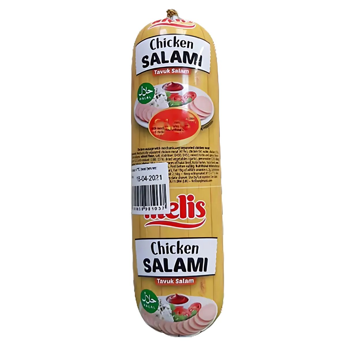 A 500g packaged roll of Melis - Chicken Salami (Halal), labeled accordingly and featuring images of sliced salami and tomatoes on the wrapper. A 500g packaged roll of Melis - Chicken Salami (Halal), labeled accordingly and featuring images of sliced salami and tomatoes on the wrapper.
