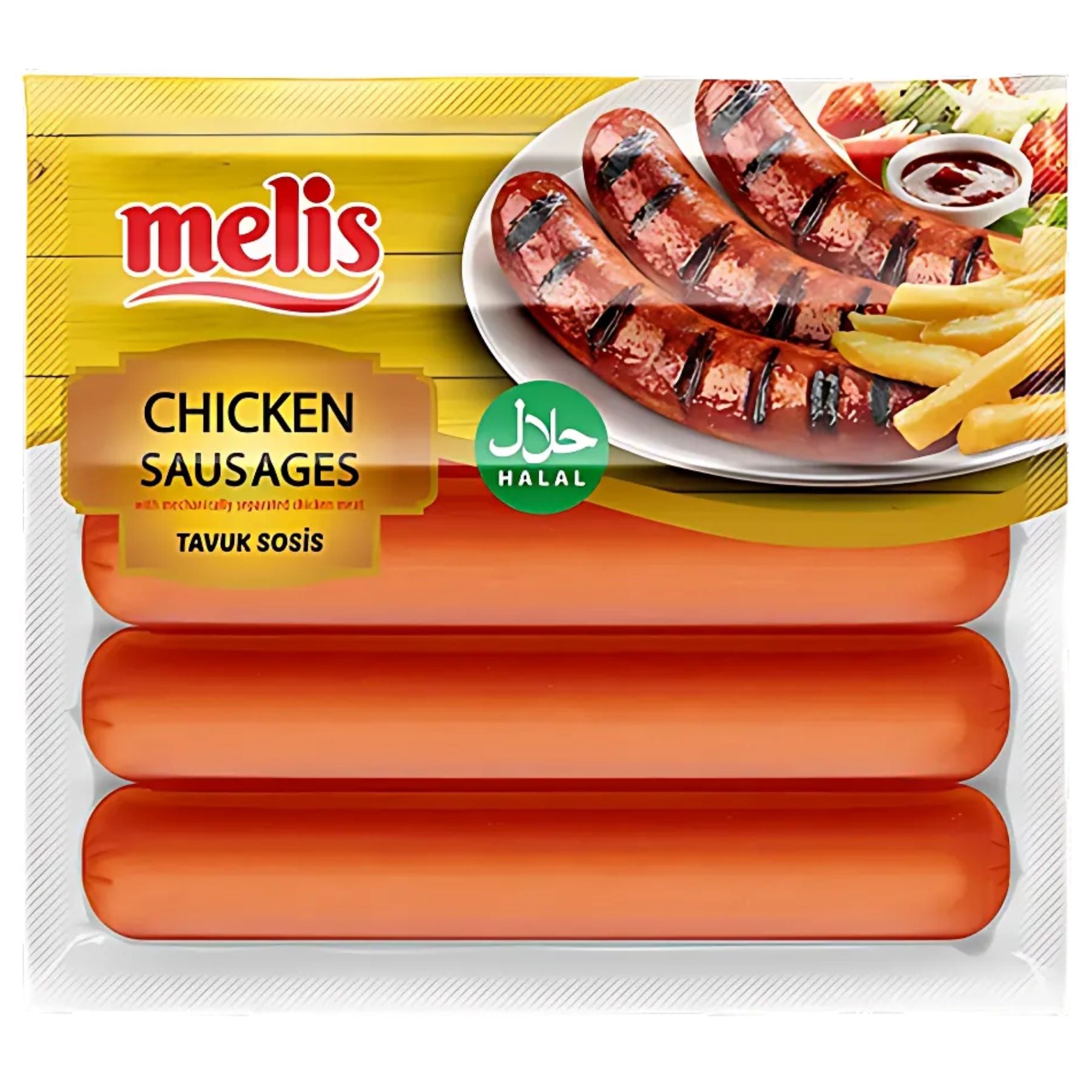 A 300g pack of Melis - Chicken Sausages, halal, made from mechanically separated chicken meat, with protein-packed sausages shown grilled beside fries and vegetables on the label. A 300g pack of Melis - Chicken Sausages, halal, made from mechanically separated chicken meat, with protein-packed sausages shown grilled beside fries and vegetables on the label.