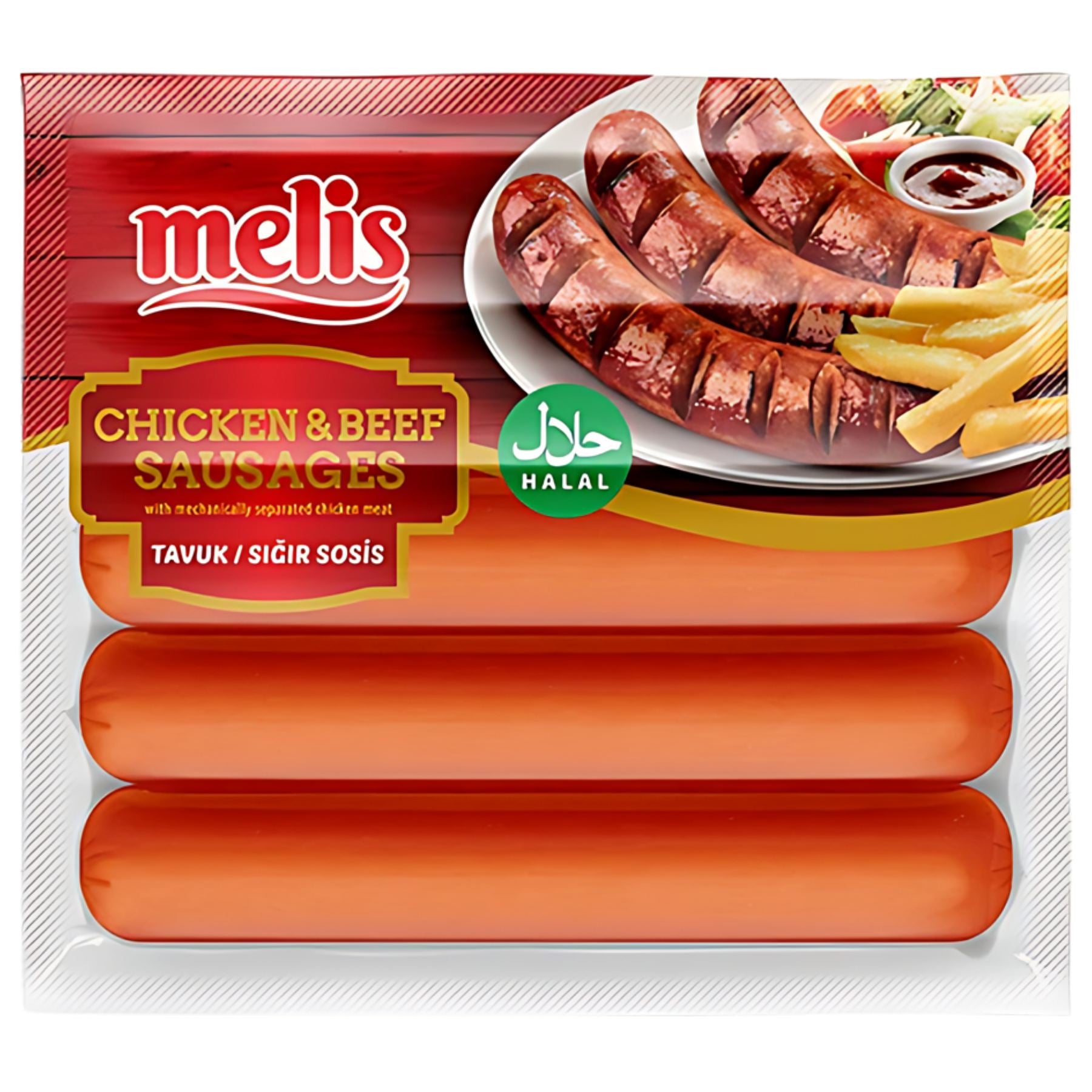 A 300g pack of Melis Chicken & Beef Sausages (Halal), showing three sausages and an image of cooked sausages with fries on the label. A 300g pack of Melis Chicken & Beef Sausages (Halal), showing three sausages and an image of cooked sausages with fries on the label.