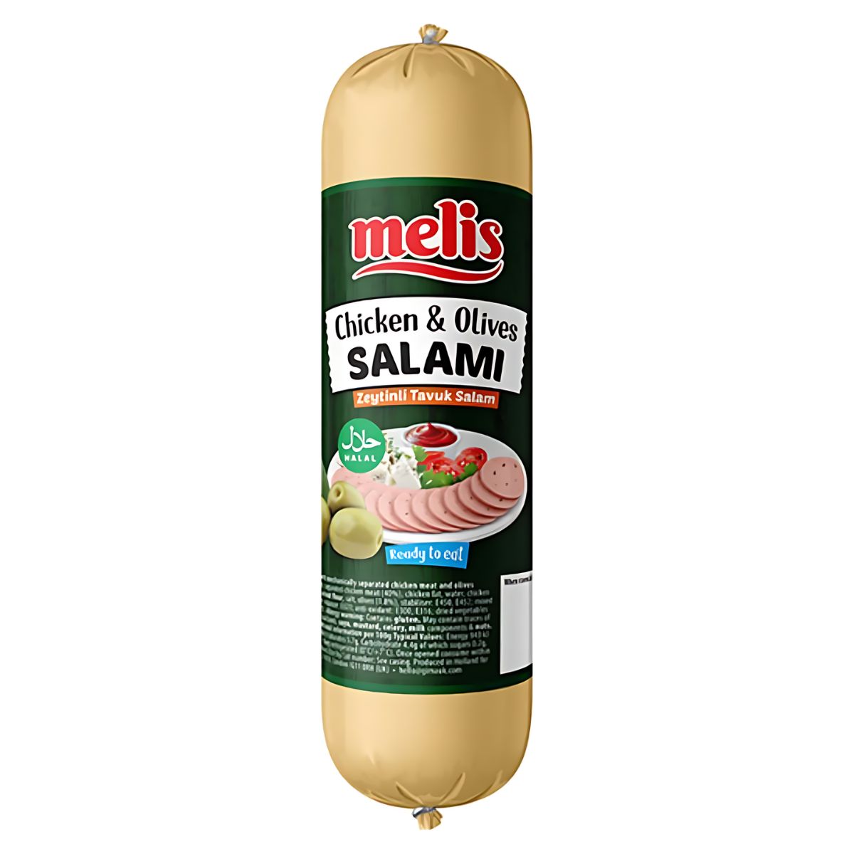 A 500g packaged roll of Melis - Chicken & Olive Salami (Halal), featuring green olives and sliced salami on the label. A 500g packaged roll of Melis - Chicken & Olive Salami (Halal), featuring green olives and sliced salami on the label.