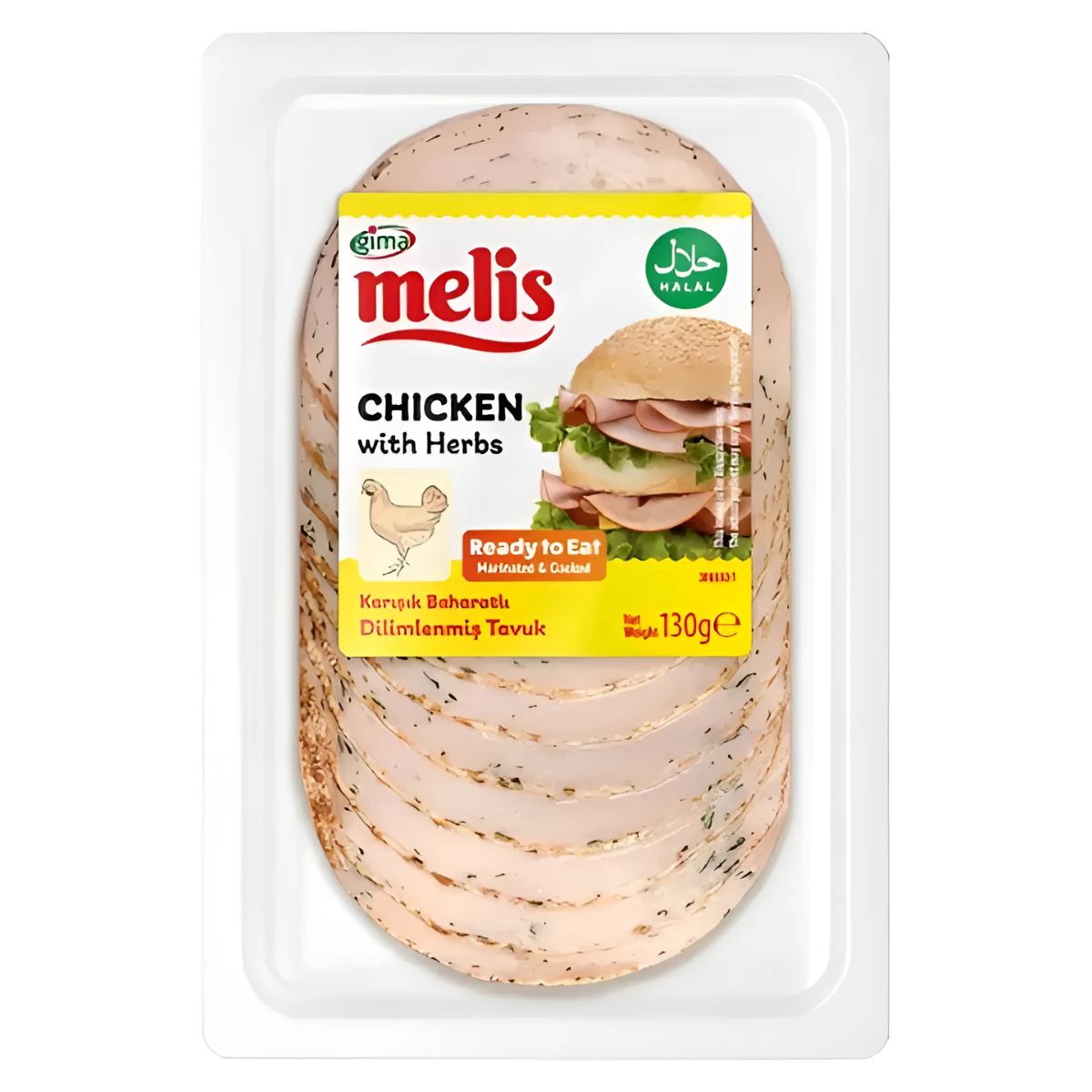 A 130g pack of Melis Chicken with Herb Slices (Halal), labeled "ready to eat," displays overlapping slices for a convenient meal. A 130g pack of Melis Chicken with Herb Slices (Halal), labeled "ready to eat," displays overlapping slices for a convenient meal.