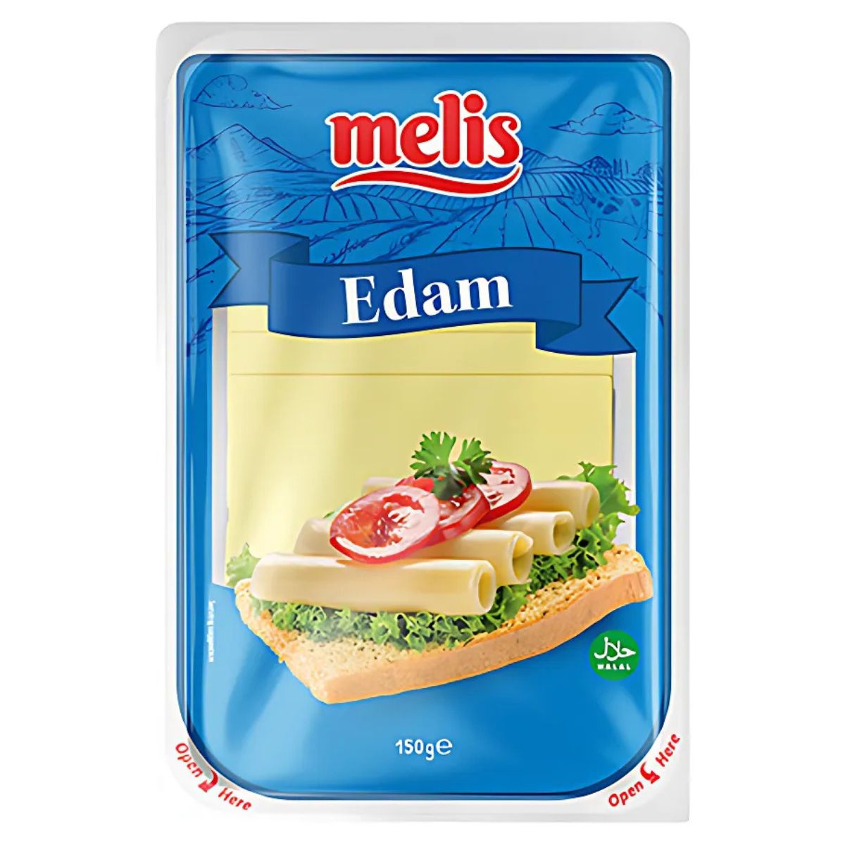 Melis - Edam Slices 150g: Mild Edam cheese slices, ideal for sandwiches or snacks. Features sandwich and cheese slice images on a blue background. Melis - Edam Slices 150g: Mild Edam cheese slices, ideal for sandwiches or snacks. Features sandwich and cheese slice images on a blue background.
