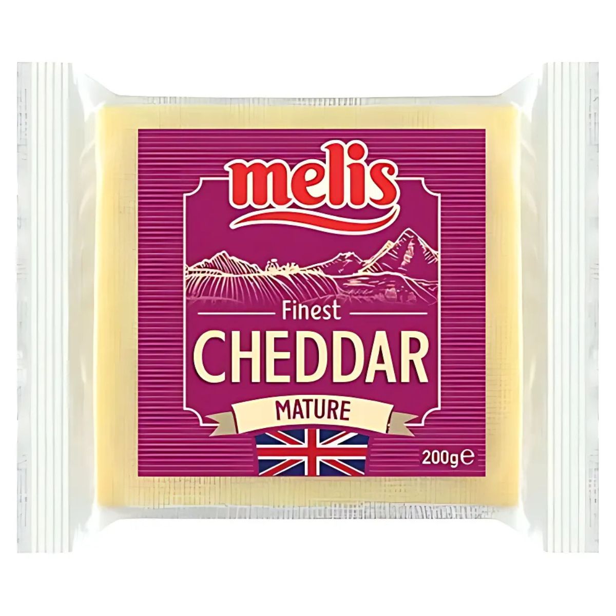 A 200g pack of Melis - Finest Cheddar Mature Cheese with a purple label and a British flag on the front. A 200g pack of Melis - Finest Cheddar Mature Cheese with a purple label and a British flag on the front.