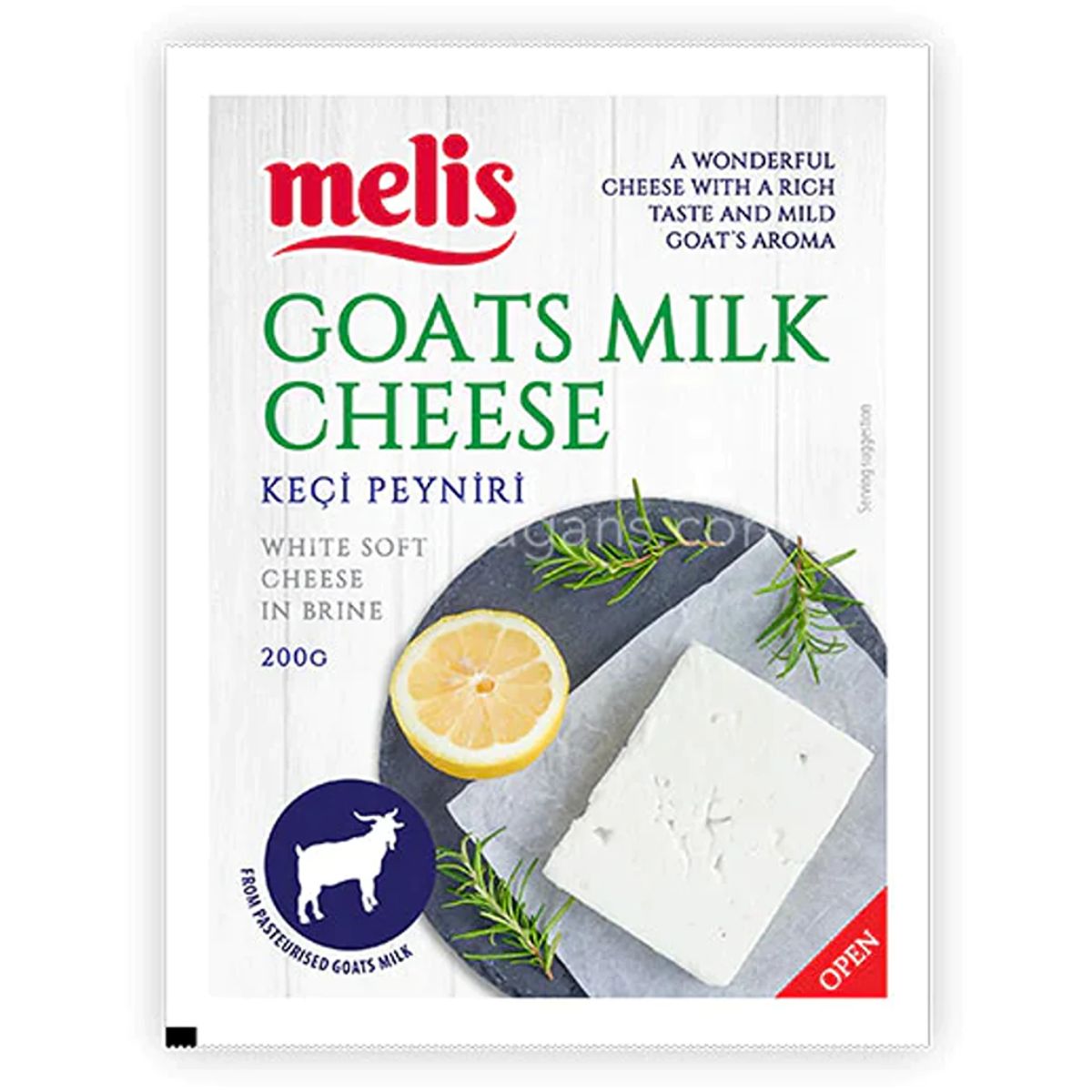 A package of Melis - Goats Milk Cheese - 200g shown on the label. A package of Melis - Goats Milk Cheese - 200g shown on the label.