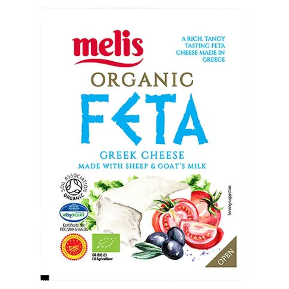 A package of Melis - Organic Feta Cheese - 200g with vegetables and text.