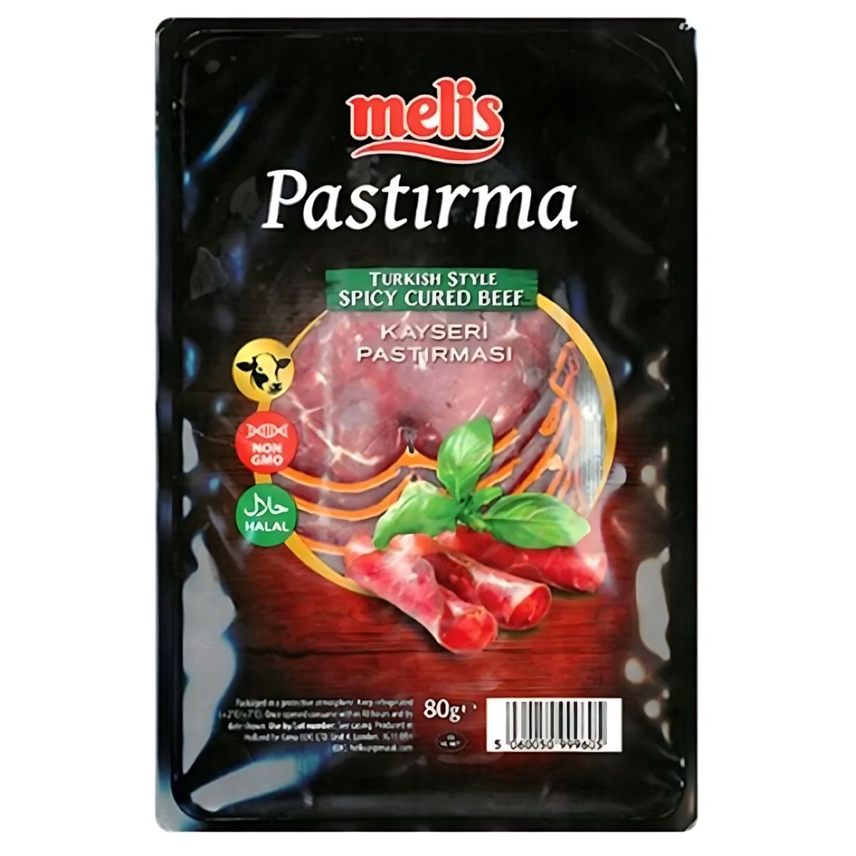 Melis - Pastirma Spicy Cured Beef Slices - 80g: Thin, Turkish-style spicy cured beef slices with halal and non-GMO icons on the package. Melis - Pastirma Spicy Cured Beef Slices - 80g: Thin, Turkish-style spicy cured beef slices with halal and non-GMO icons on the package.