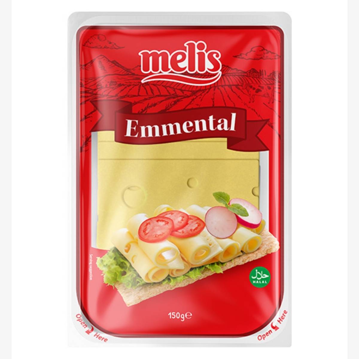 Enhance sandwiches with Melis Sliced Emmental's creamy texture on a cracker topped with lettuce, tomato, and radish. Available in 150g packs. Enhance sandwiches with Melis Sliced Emmental's creamy texture on a cracker topped with lettuce, tomato, and radish. Available in 150g packs.