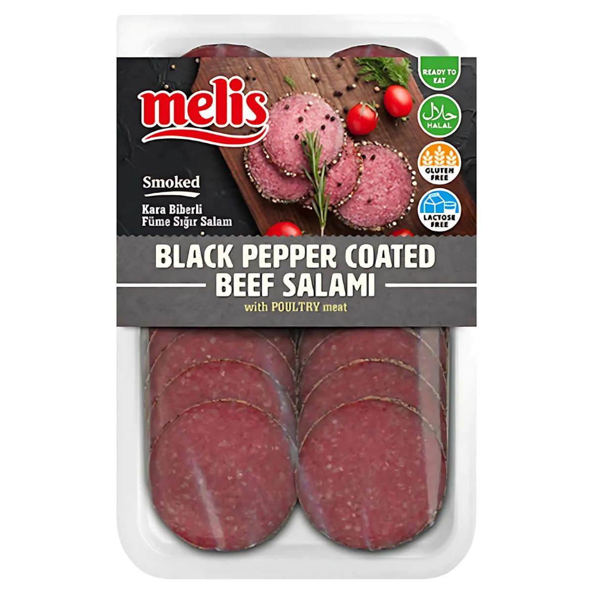 Melis Smoked Black Pepper Coated Beef Salami (Halal) 80g—sliced, gluten-free, and lactose-free—ideal for charcuterie boards. Melis Smoked Black Pepper Coated Beef Salami (Halal) 80g—sliced, gluten-free, and lactose-free—ideal for charcuterie boards.