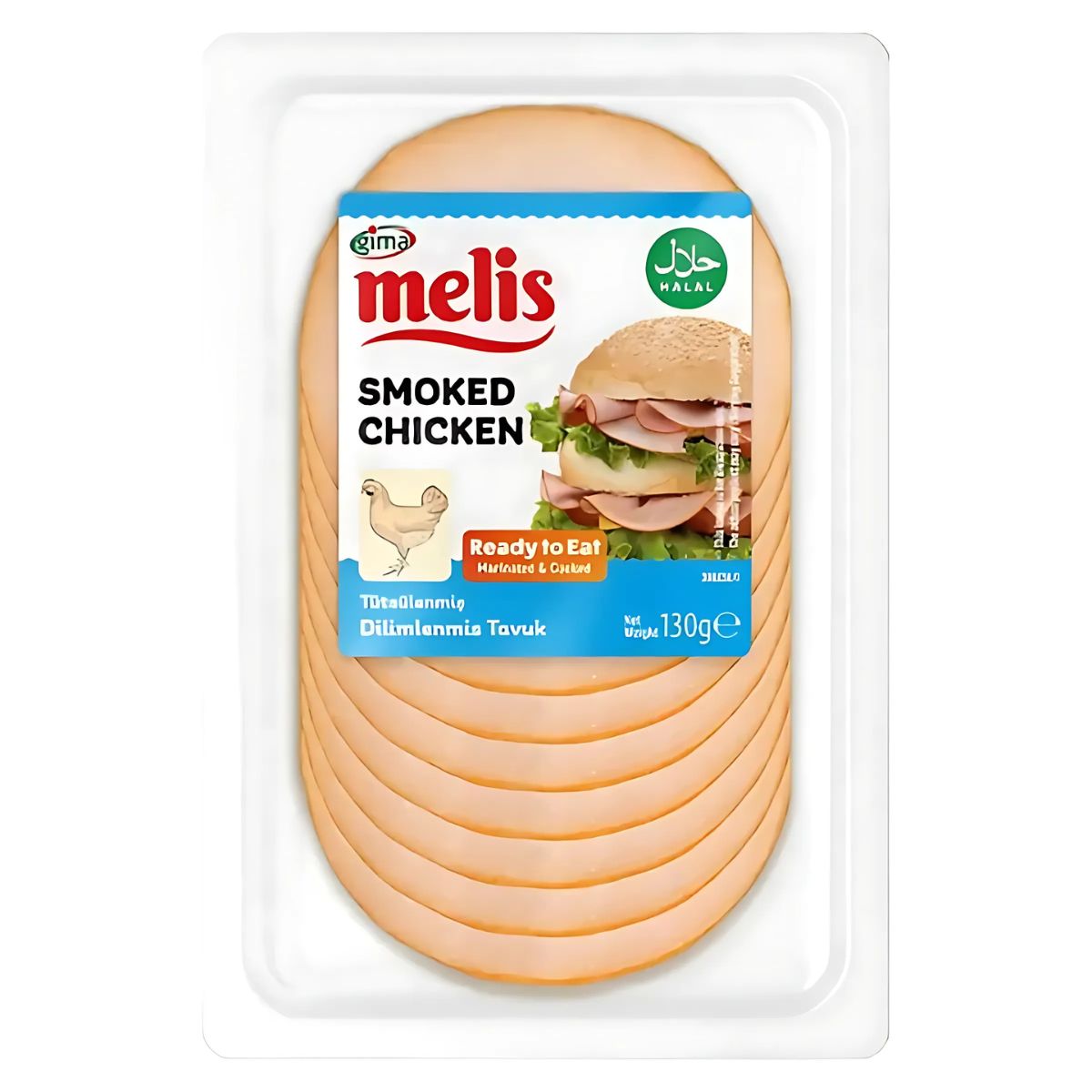 A plastic pack labeled "Melis - Smoked Chicken Slices (Halal) - 130g," containing ready-to-eat halal smoked chicken slices. A plastic pack labeled "Melis - Smoked Chicken Slices (Halal) - 130g," containing ready-to-eat halal smoked chicken slices.