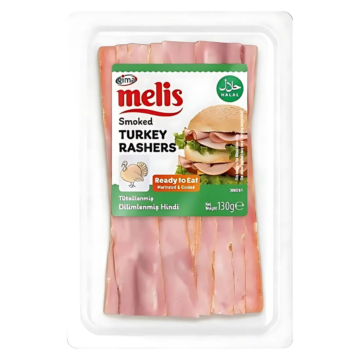 A 130g plastic pack of Melis Smoked Turkey Rashers (Halal), labeled "Ready to Eat" and "Halal," with visible protein-packed turkey slices inside. A 130g plastic pack of Melis Smoked Turkey Rashers (Halal), labeled "Ready to Eat" and "Halal," with visible protein-packed turkey slices inside.