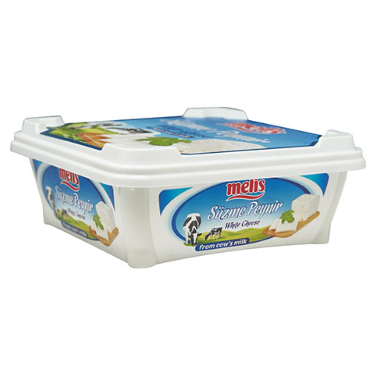 A container of Melis Soft Cheese with a lid on a white background. A container of Melis Soft Cheese with a lid on a white background.