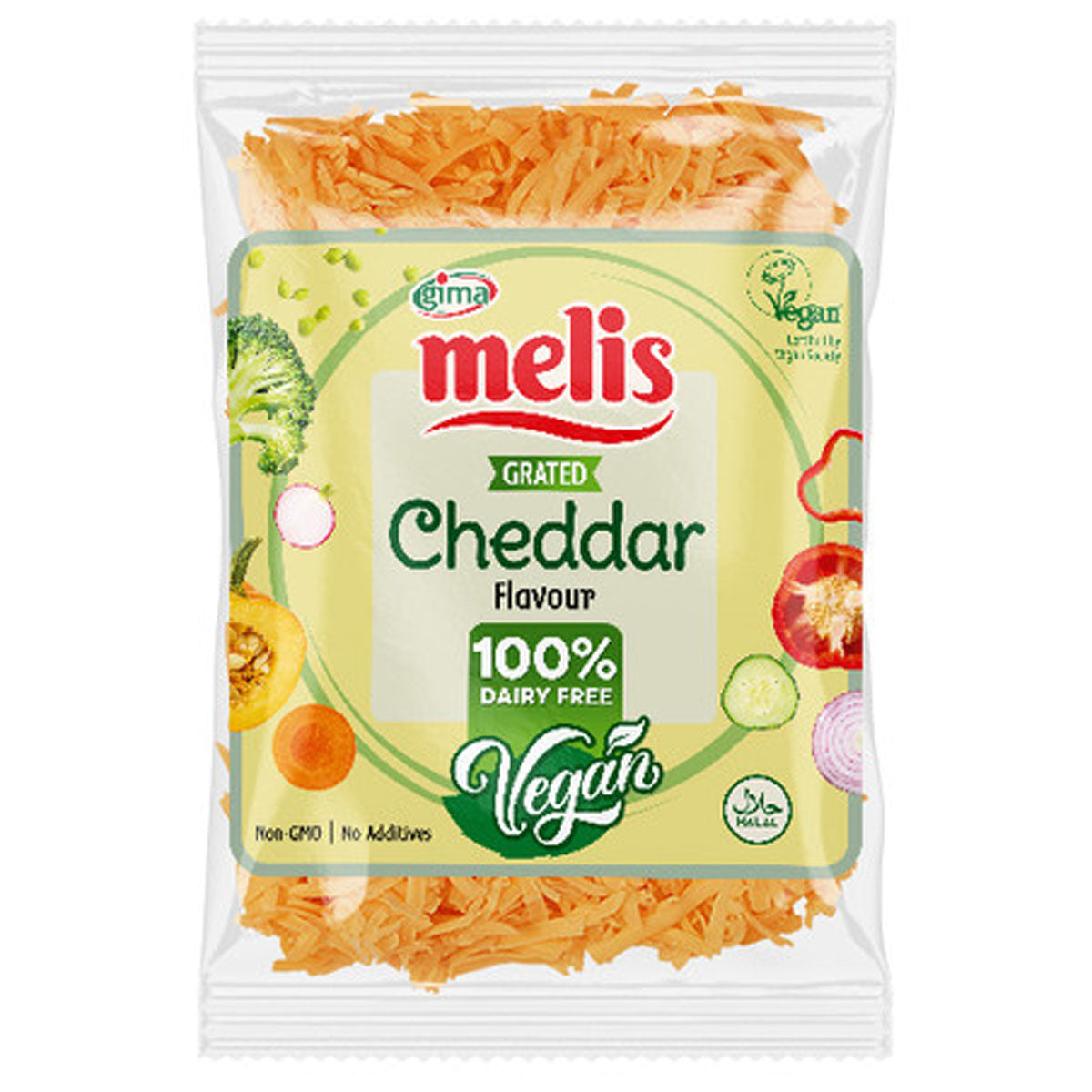 A bag of Melis - Vegan Grated Cheddar - 200g.