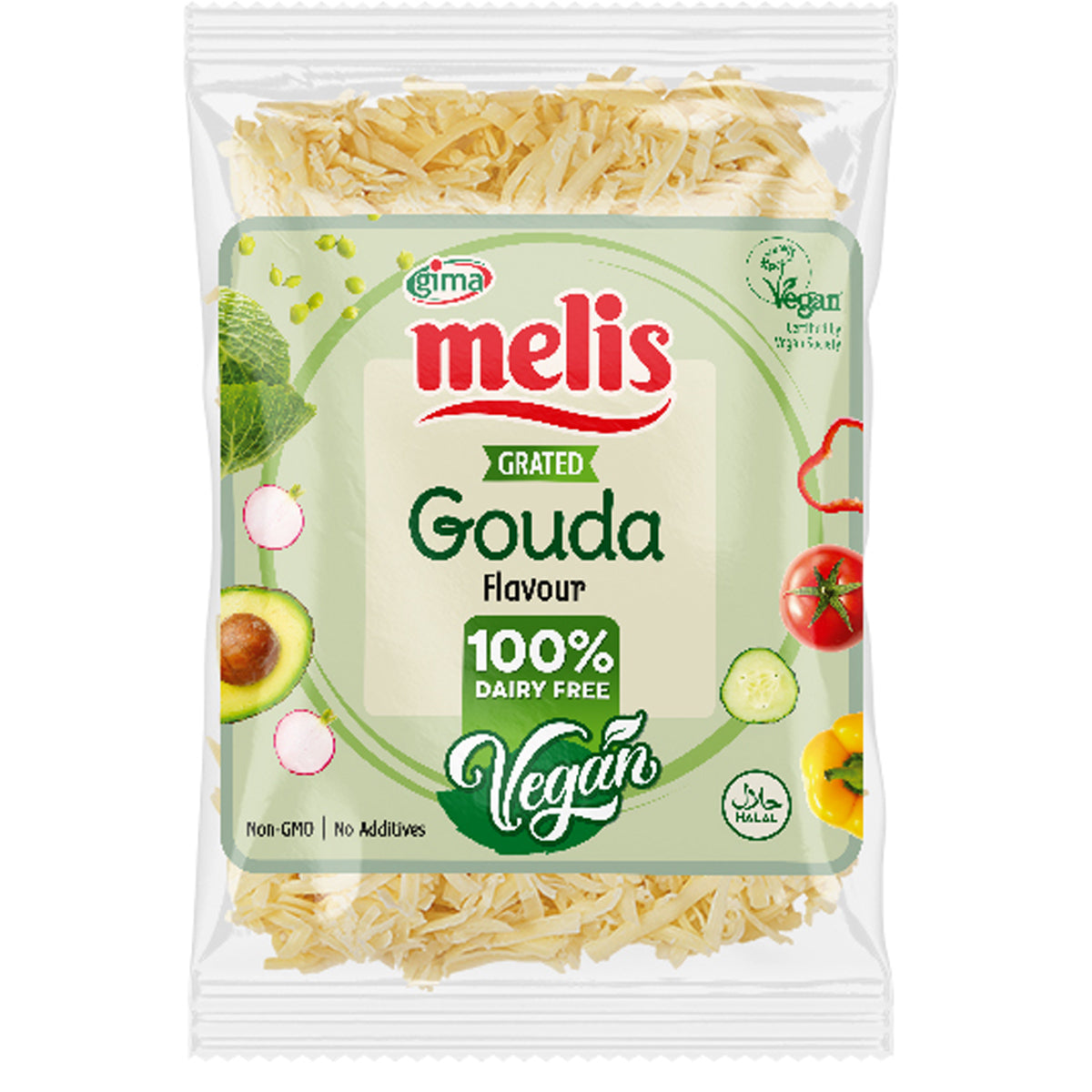 A bag of Melis - Vegan Grated Gouda Cheese - 200g flower.