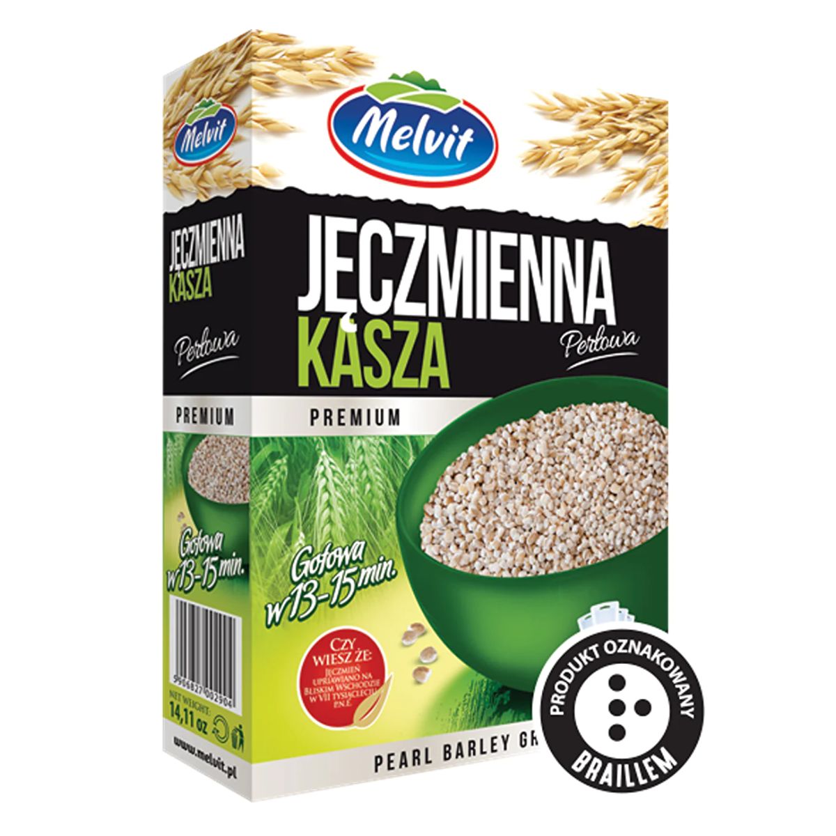 Package of Melvit Premium Pearl Barley Groats with a label indicating it's a premium product in polish language, marked with a sign for the visually impaired.