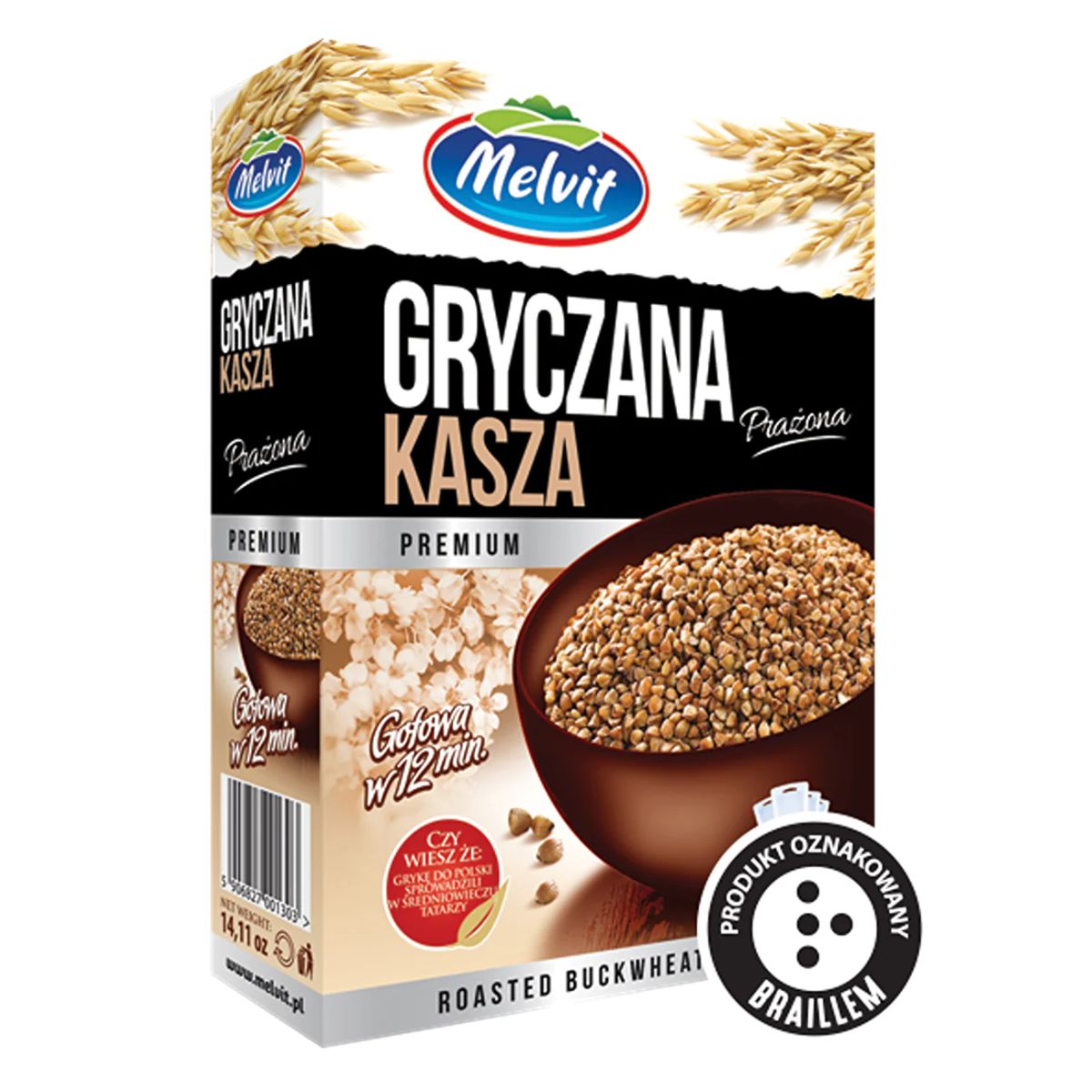 Packaging of Melvit - Roasted Buckwheat - 400g with an award badge indicating recognition for quality. Packaging of Melvit - Roasted Buckwheat - 400g with an award badge indicating recognition for quality.