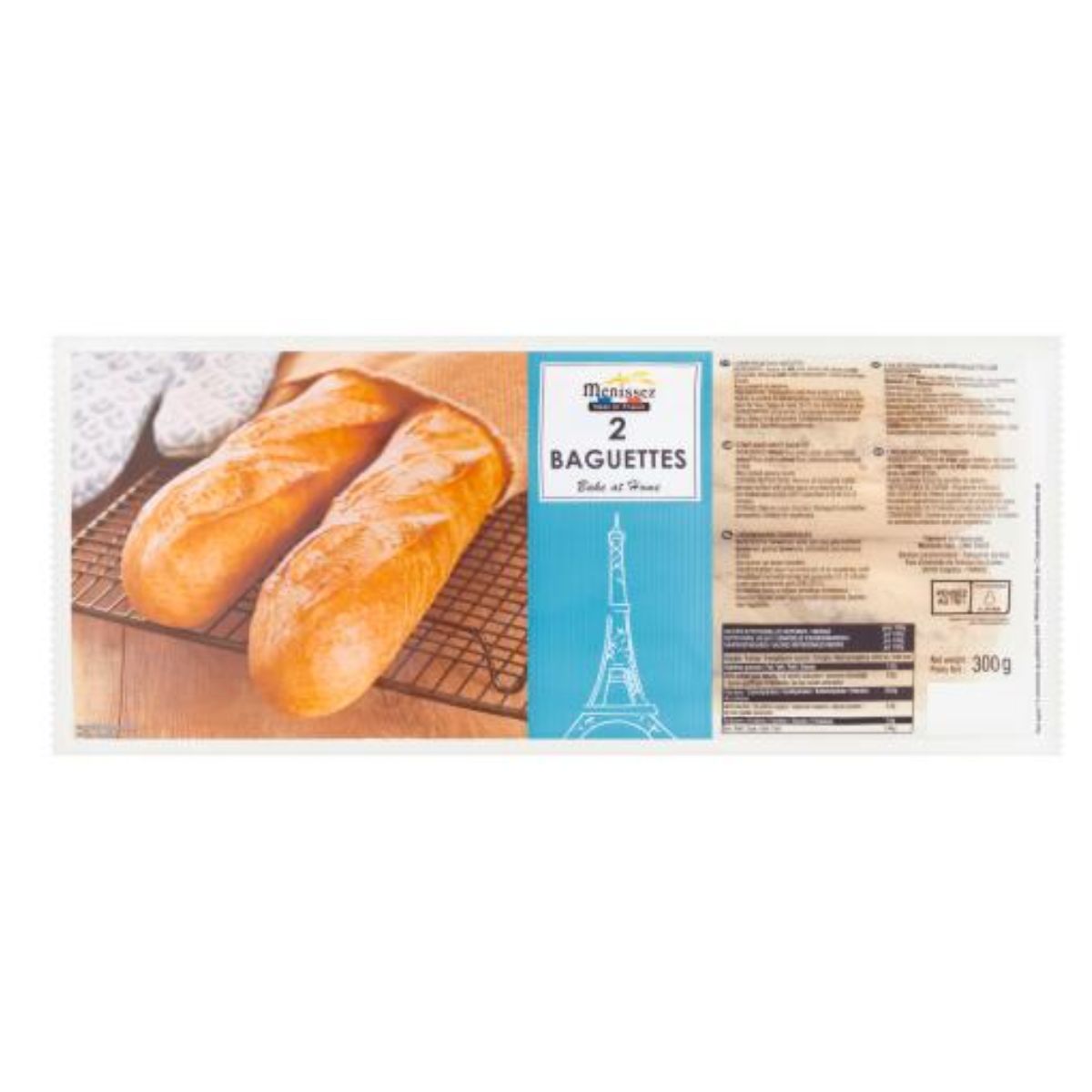 Packaging of Menissez 2 baguettes with a picture of baked baguettes and the eiffel tower on the label, showing nutritional information on the right.