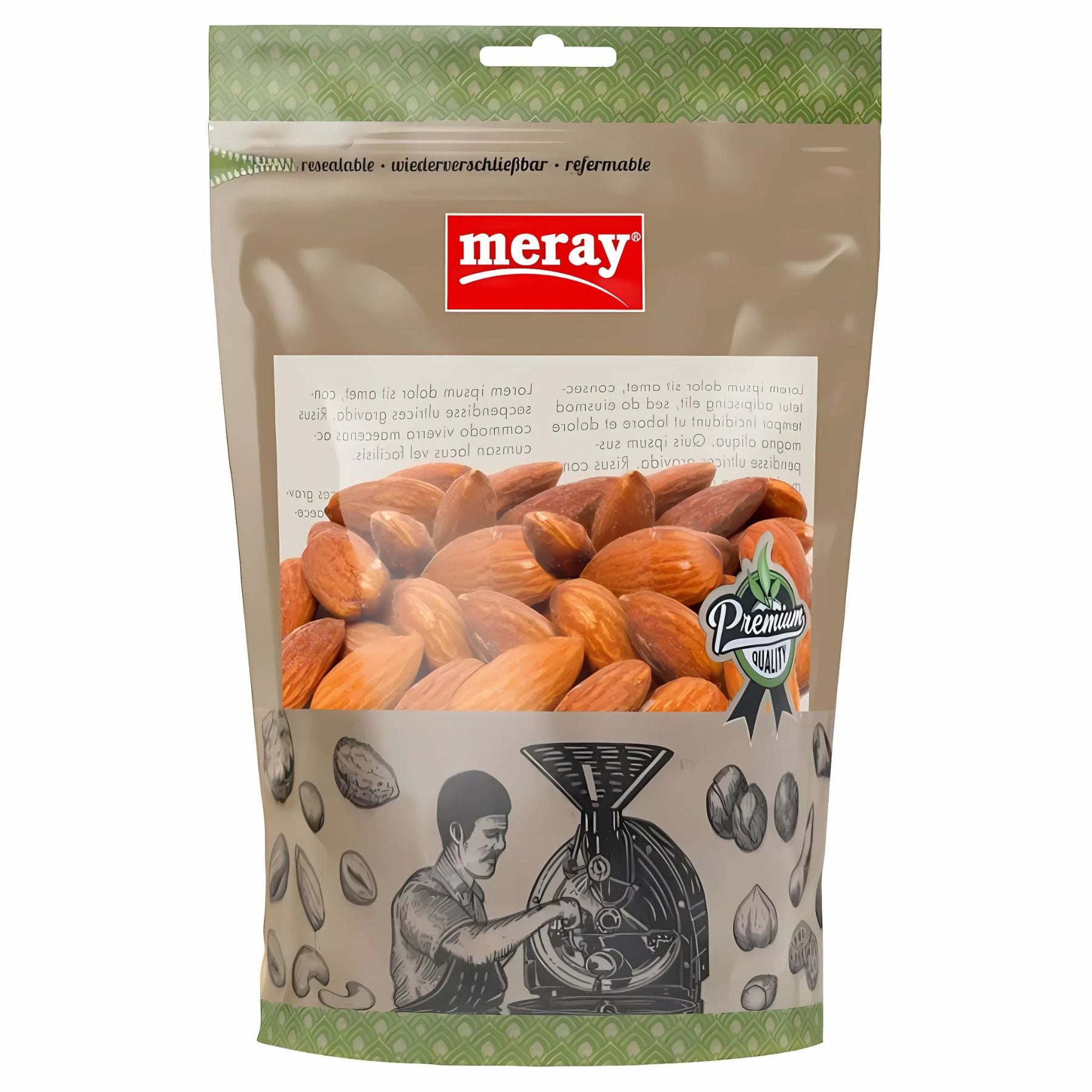 Meray - Almond Kernels Raw - 150g come in a resealable bag featuring a man operating a nut roasting machine, ideal for healthy snack lovers. Meray - Almond Kernels Raw - 150g come in a resealable bag featuring a man operating a nut roasting machine, ideal for healthy snack lovers.
