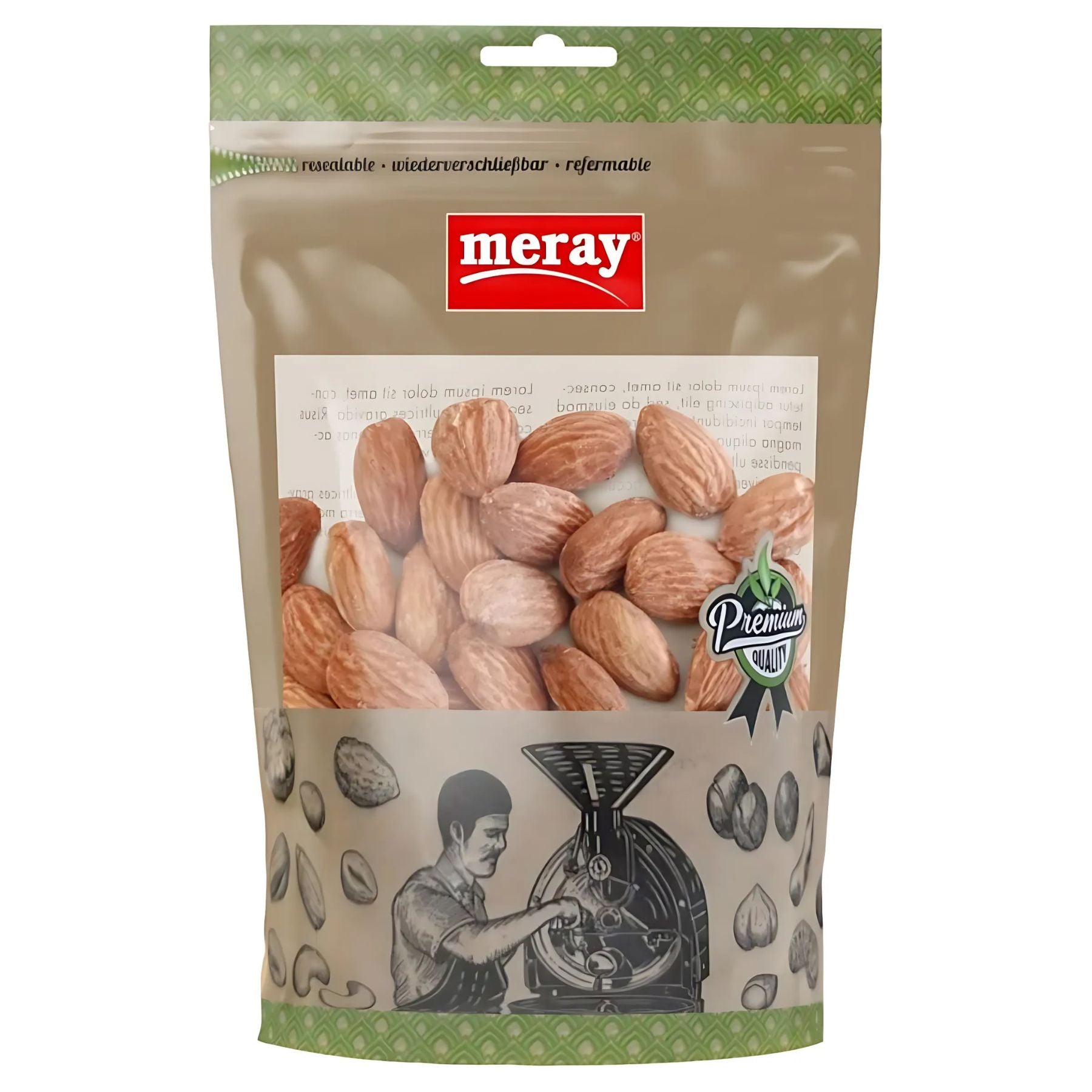 A 150g resealable Meray bag of roasted & salted almond kernels, featuring an illustration of a person operating a nut roasting machine on the lower half of the packaging. A 150g resealable Meray bag of roasted & salted almond kernels, featuring an illustration of a person operating a nut roasting machine on the lower half of the packaging.