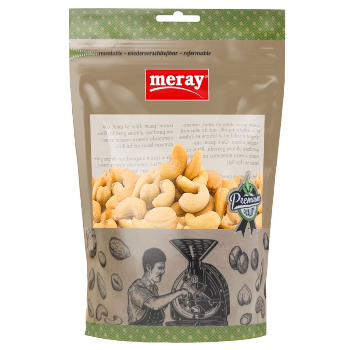 Meray - Cashew Kernals Roasted and Salted - 150g in a bag on a white background. Meray - Cashew Kernals Roasted and Salted - 150g in a bag on a white background.